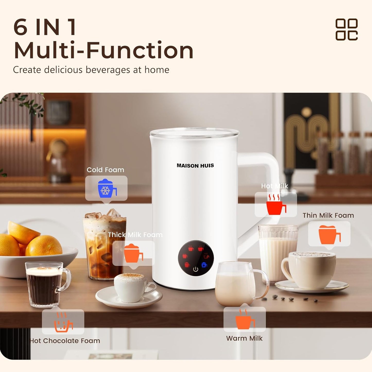 MAISON HUIS 6-IN-1 Milk Frother 550Watts, 20 oz Electric Stainless Steel, Hot and Cold Milk Frother for Latte, Macchiato, Cappuccino and Hot Chocolate, White