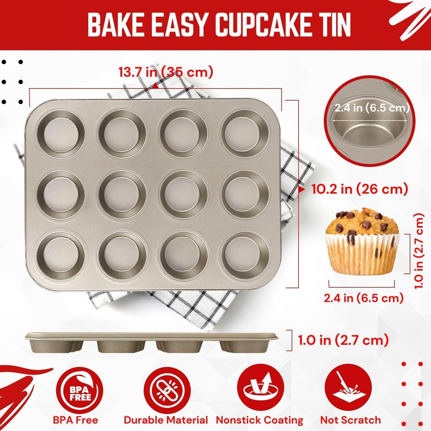 Flexzion Muffin Tray Cupcake Baking Pan 2 Pack, 12-Cup Nonstick Carbon Steel Muffin Tin Non-Stick Cupcake Tin Bakeware Accessories for Baking Cupcake Muffin Brownies Snack, Fridge Safe, Champagne Gold