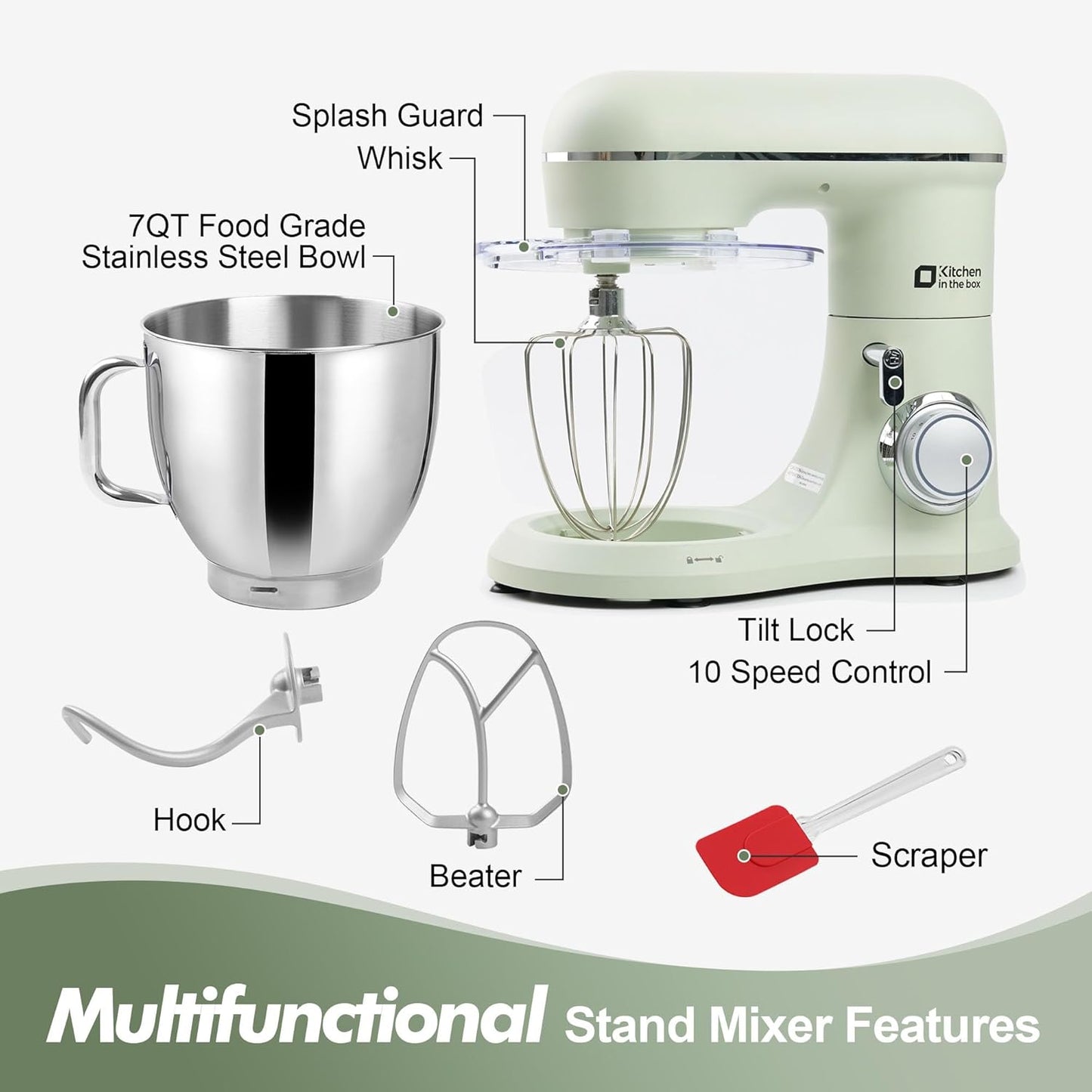 Kitchen in the box 7QT 900W 10-Speed Stand Mixer, Tilt-Head Kitchen Electric Mixer with Dough Hook, Whisk & Flat Beater(Pastel Green)