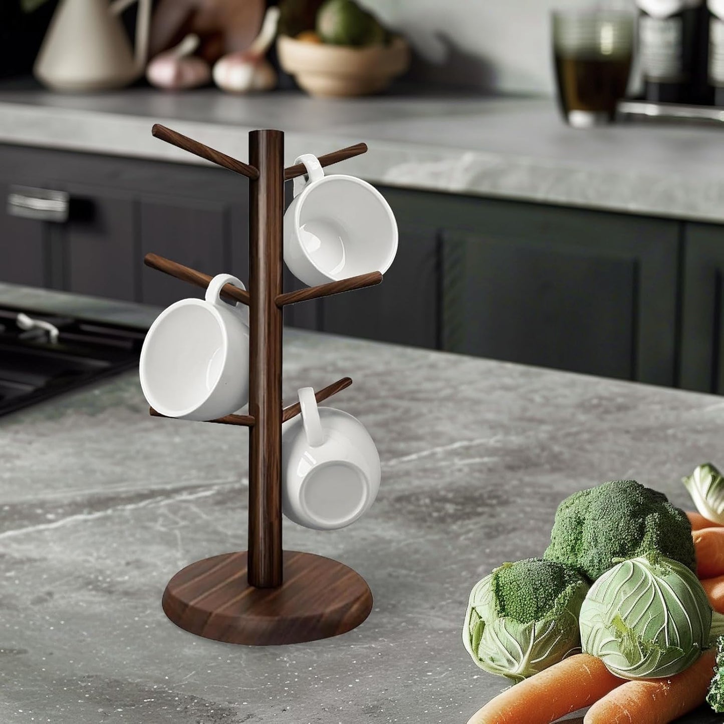 Wooden Mug Holder Tree, Coffee Cup Holder, Mug Organizer with 6 Hooks (Burnt)