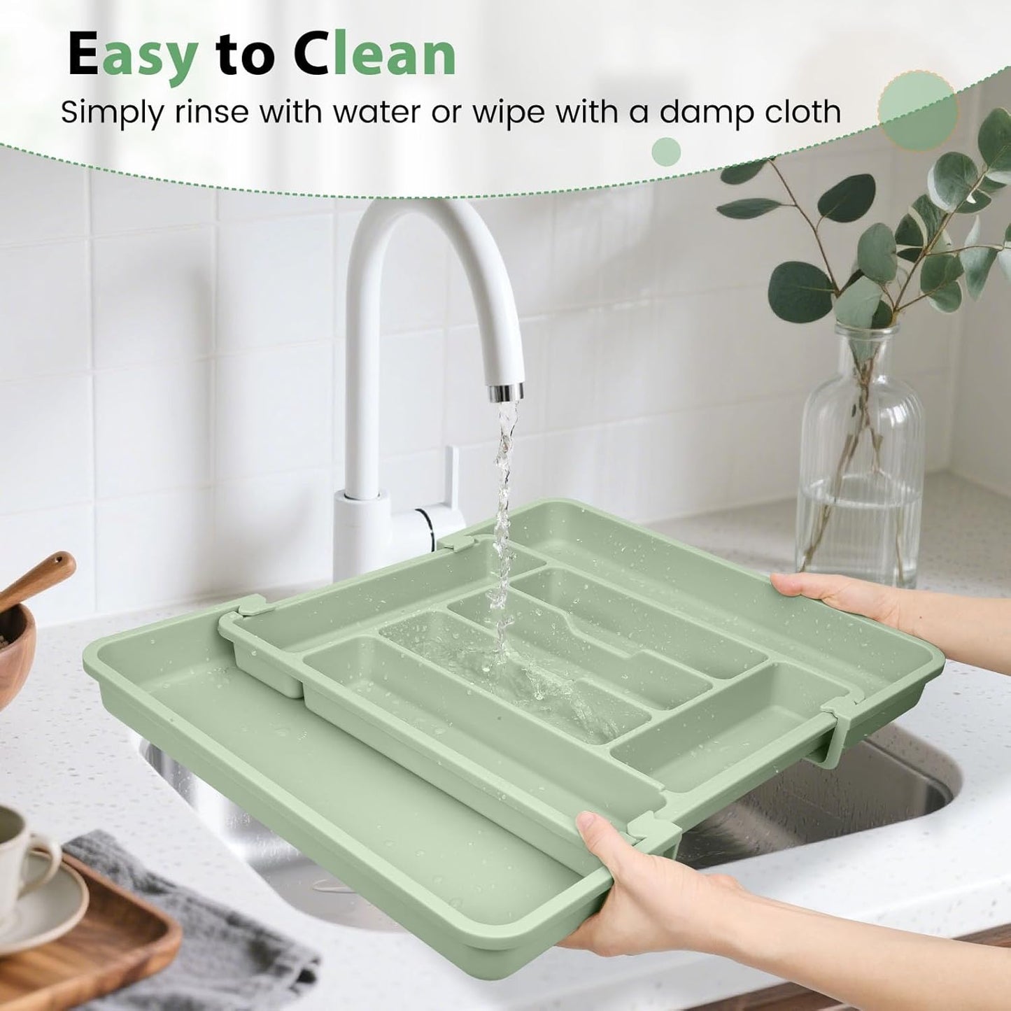 Caperci Large Silverware Organizer for Kitchen Drawer & Utensils - Expandable Drawer Organizer for Cutlery, Flatware & Gadget, BPA-Free Thick Plastic, Wider Compartments & Non-skid Feet (Sage Green)