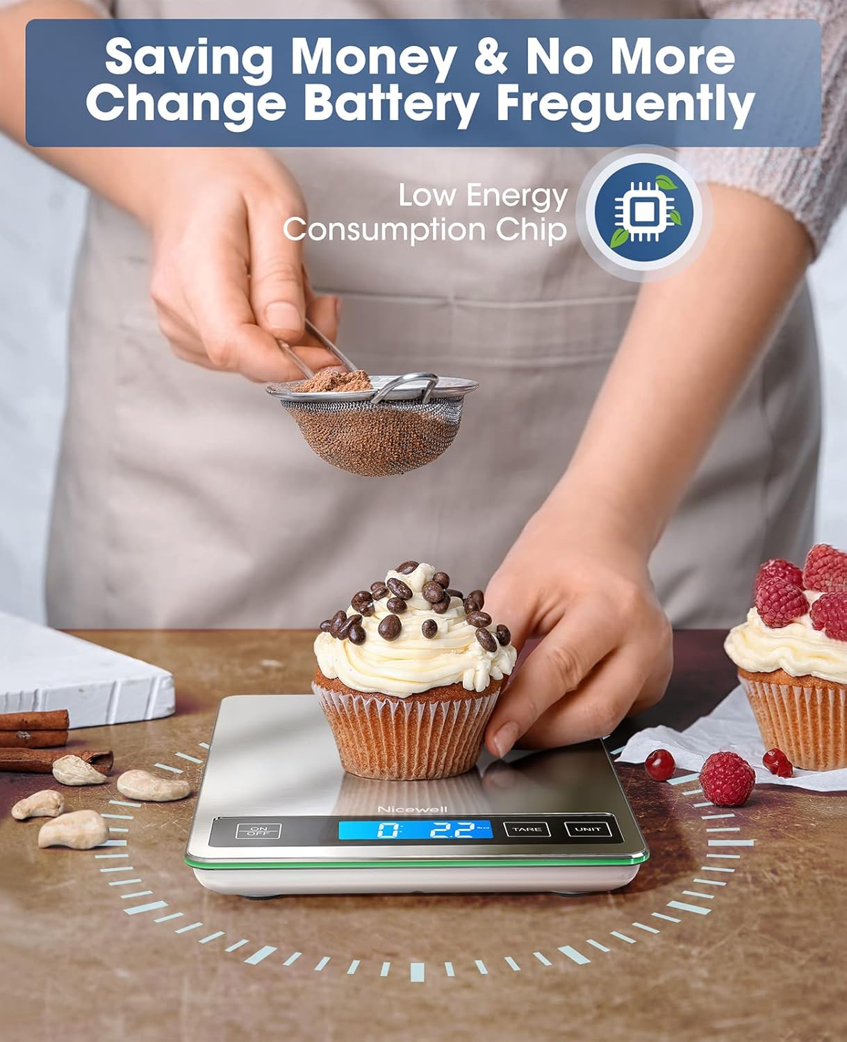 Nicewell Food Scale, 22lb Digital Kitchen Scale Weight Grams and oz for Cooking Baking, 1g/0.1oz Precise Graduation, Stainless Steel and Tempered Glass (Ash Silver)