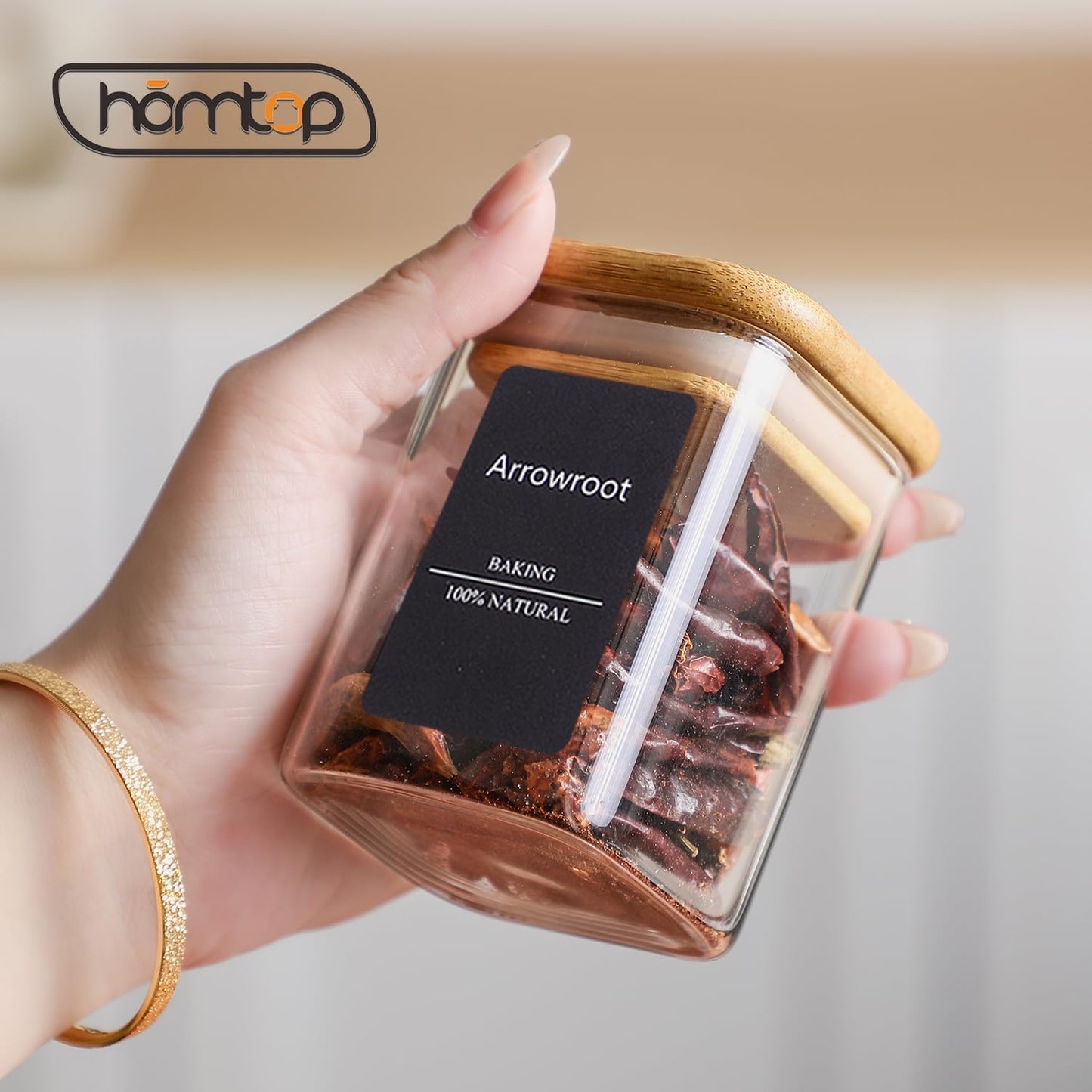 10Pcs 7oz Spice Jars Glass Container with 275 Labels, Airtight Seasoning Empty Organizer with Bamboo Lid Set for Pepper, Salt, Sugar