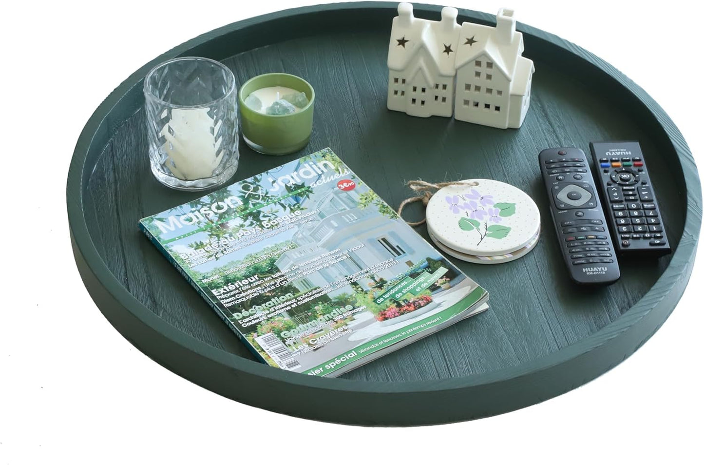 Round Ottoman Table Tray Round-24 - Rustic Wooden Serving Tray for Farmhouse Decorative Oversized Coffee Table Trays Living Room Kitchen Counter Breakfast Green