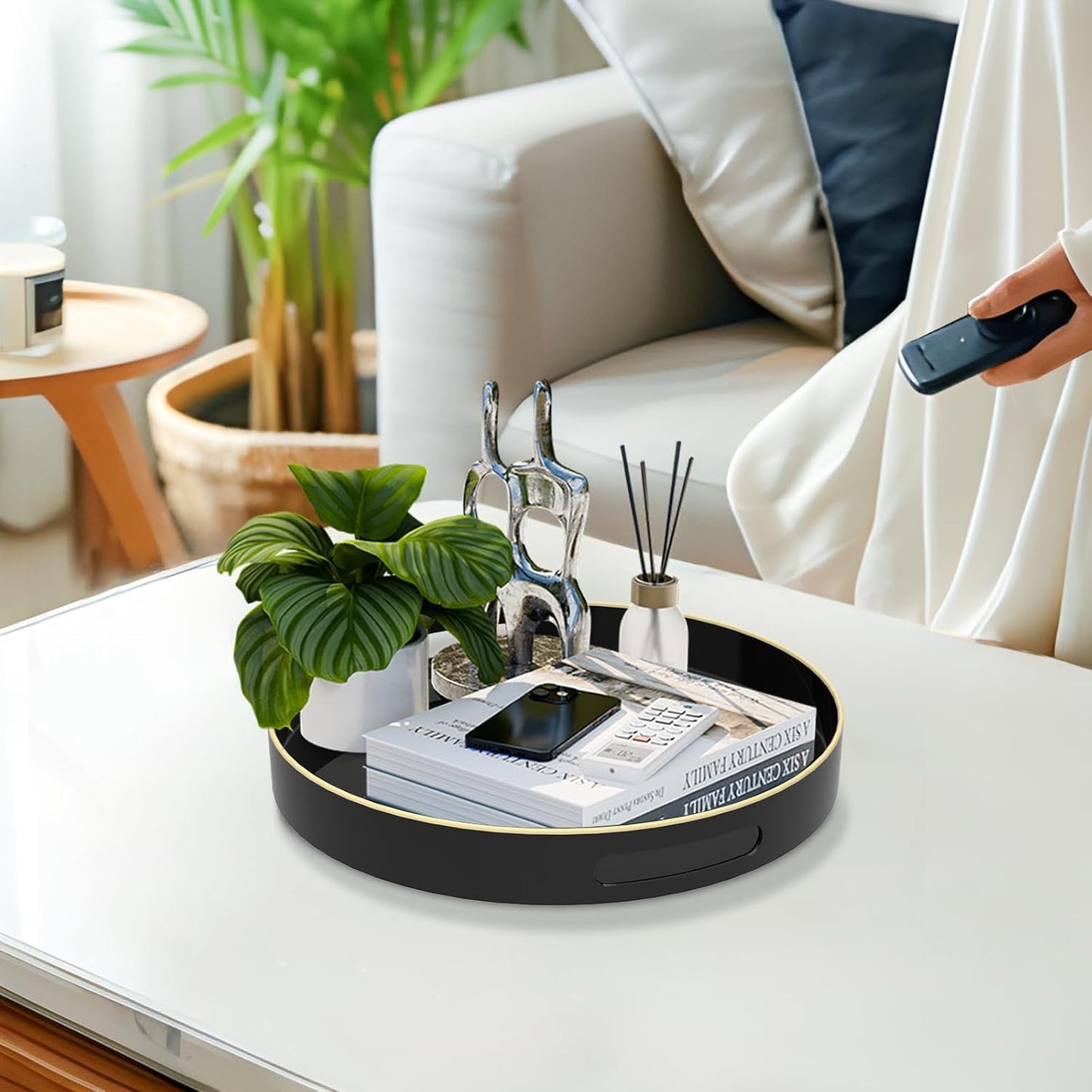 MAONAME Black Decorative Tray for Coffee Table, Modern Round Serving Tray with Handles, 13" Plastic Tea Trays for Ottoman, Bathroom Decor