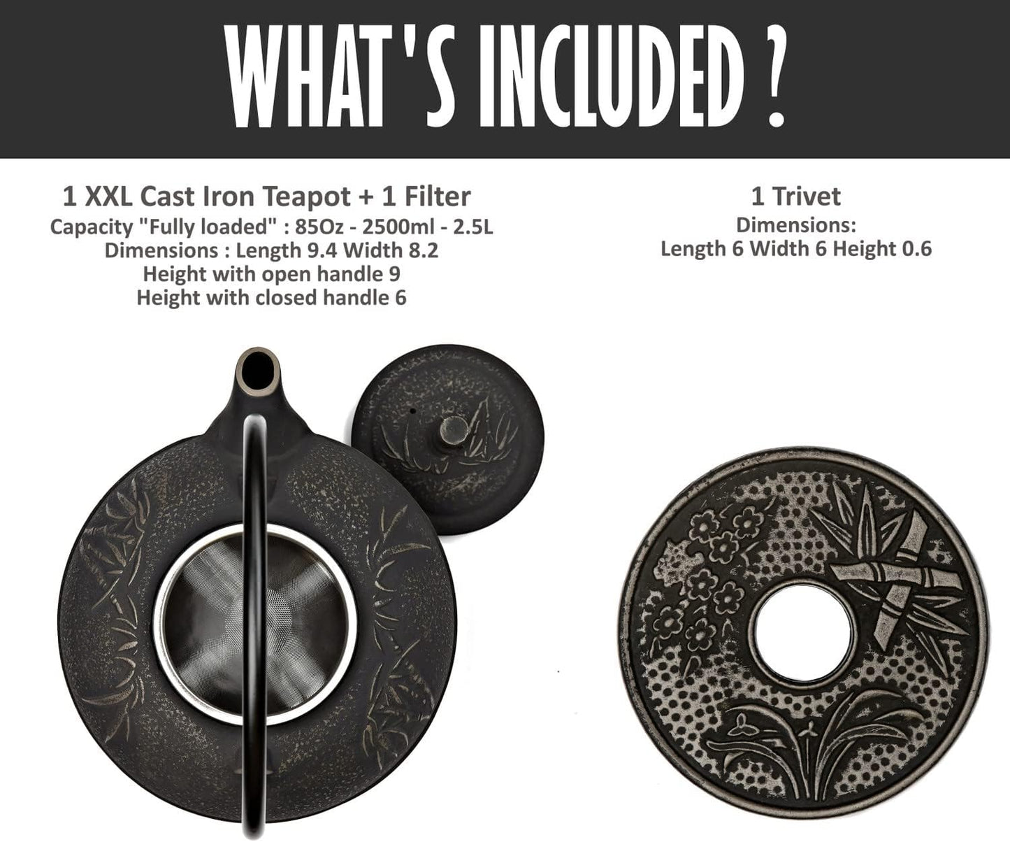 XXL Japanese Cast Iron Teapot with Infuser & Matching Trivet - Large 85 Oz/2500ml Tetsubin Loose Leaf Tea Pot with Enamel Interior - Handcrafted Big Cast Iron Tea Kettle Humidifier Set - Black