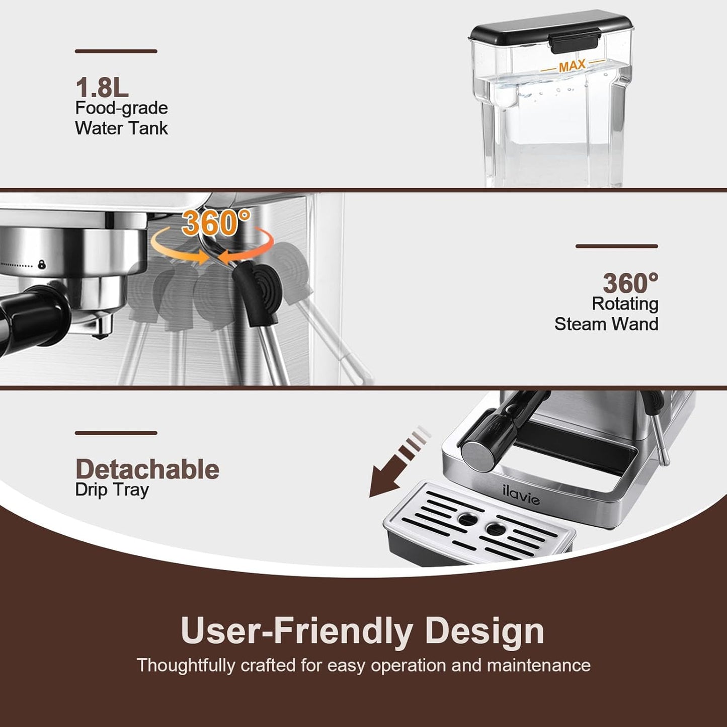 Espresso Machine 20 Bar, Espresso Maker with Steam Milk Frother,Espresso Coffee Machine with 60oz Removable Water Tank for Lattle, Cappuccino, Stainless Steel