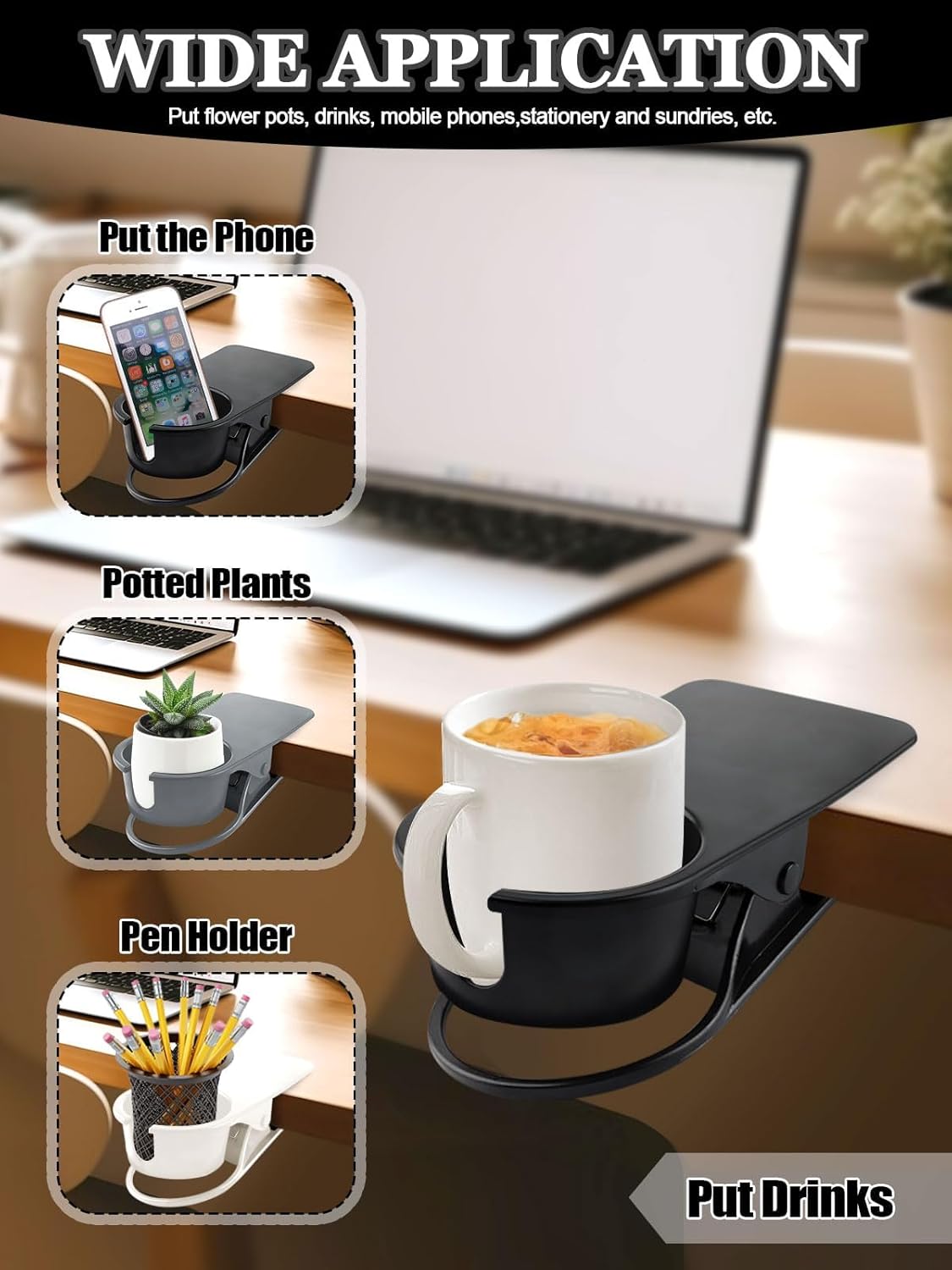 3PCS Drinking Cup Holder Clip Kalolary Chair Desk Bottle Cup Stand DIY Glass Clamp Storage Saucer Clip with Groove for Potted Plant Beverage Coffee Mug Holder Clip for Home & Office (Black White Grey)