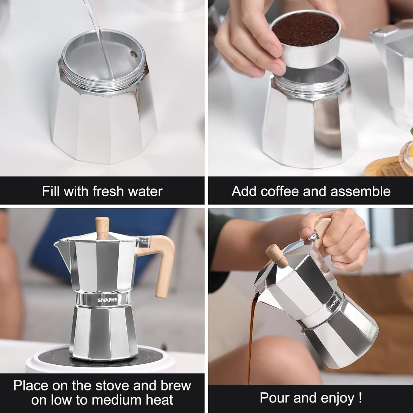 Sivaphe Aluminum Moka Pot 3 Espresso Cups, Percolator Espresso and Coffee Maker, Portable Stovetop Italian and Cuban Café Brewer for Home and Camping Sliver