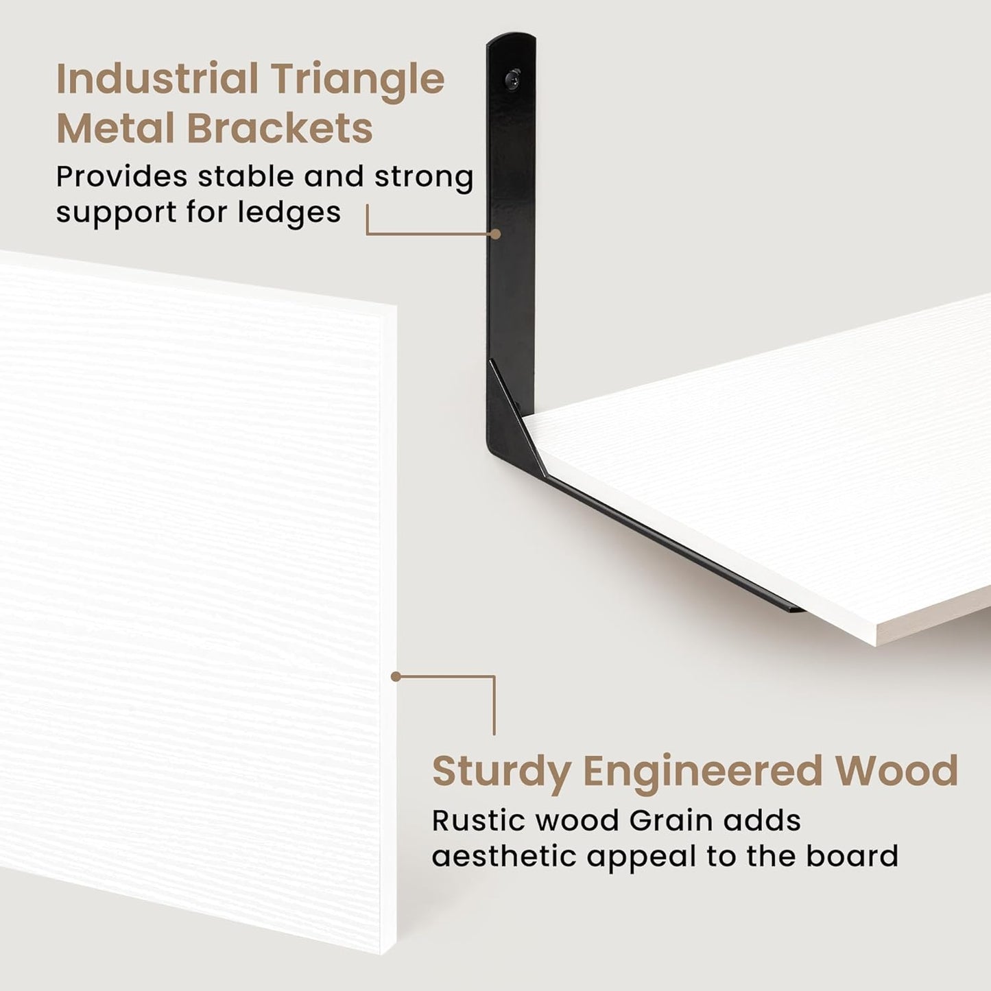 Fun Memories Floating Shelves for Wall, 12 Inch Deep Floating Shelves Set of 2, Wall Mounted Shelf with Metal Brackets, Rustic Wood Wide Shelf for Bathroom, Kitchen and Living Room, White, 16W x 12D