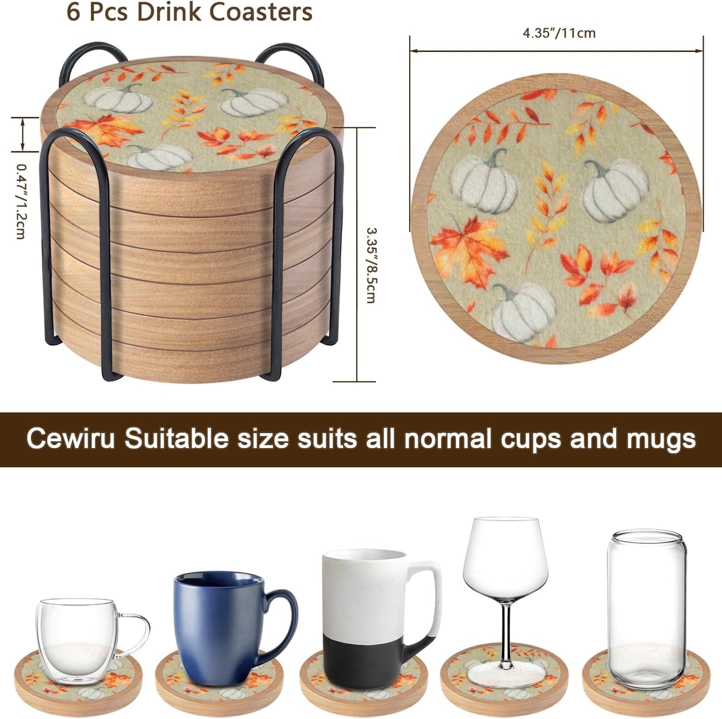 Pumpkins Coaster Set of 6 Cewiru Halloween Coasters for Drinks Absorbent Cup Mats for Table Protection Unique Fall Round Coasters for Coffee Table Kitchen Decor 4.3"