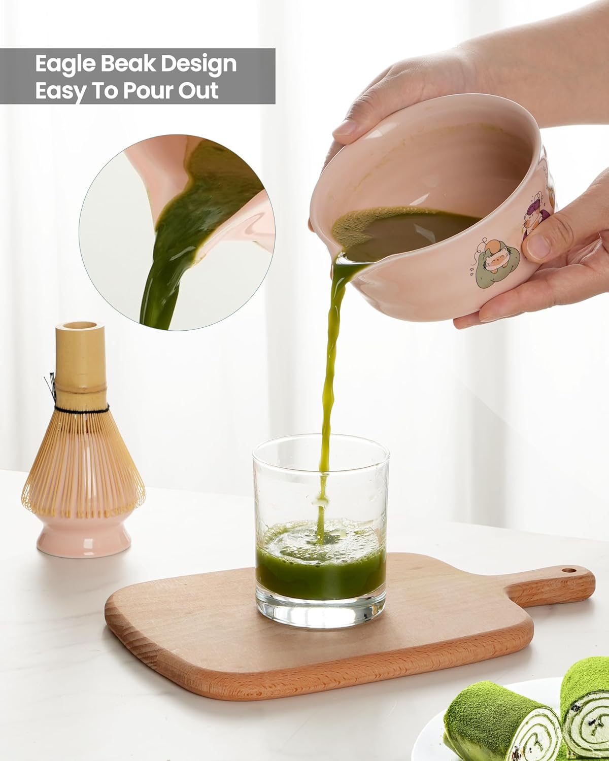 Matcha Whisk Set, 7 Pcs Pink Matcha Set Includes Matcha Bowl,Matcha Whisk and Holder, Bamboo Scoop, Scoop Rest, Sifter and Tea Towel -Matcha Kit for Matcha Lovers