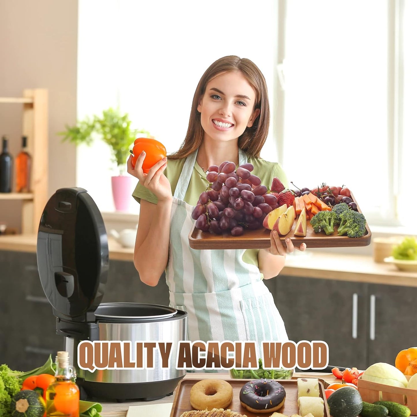 2 PCS Solid Acacia Wood Serving Trays 16 * 12 inch Rectangular Wooden Serving Platters Natural Wooden Boards for Bar Coffee Party