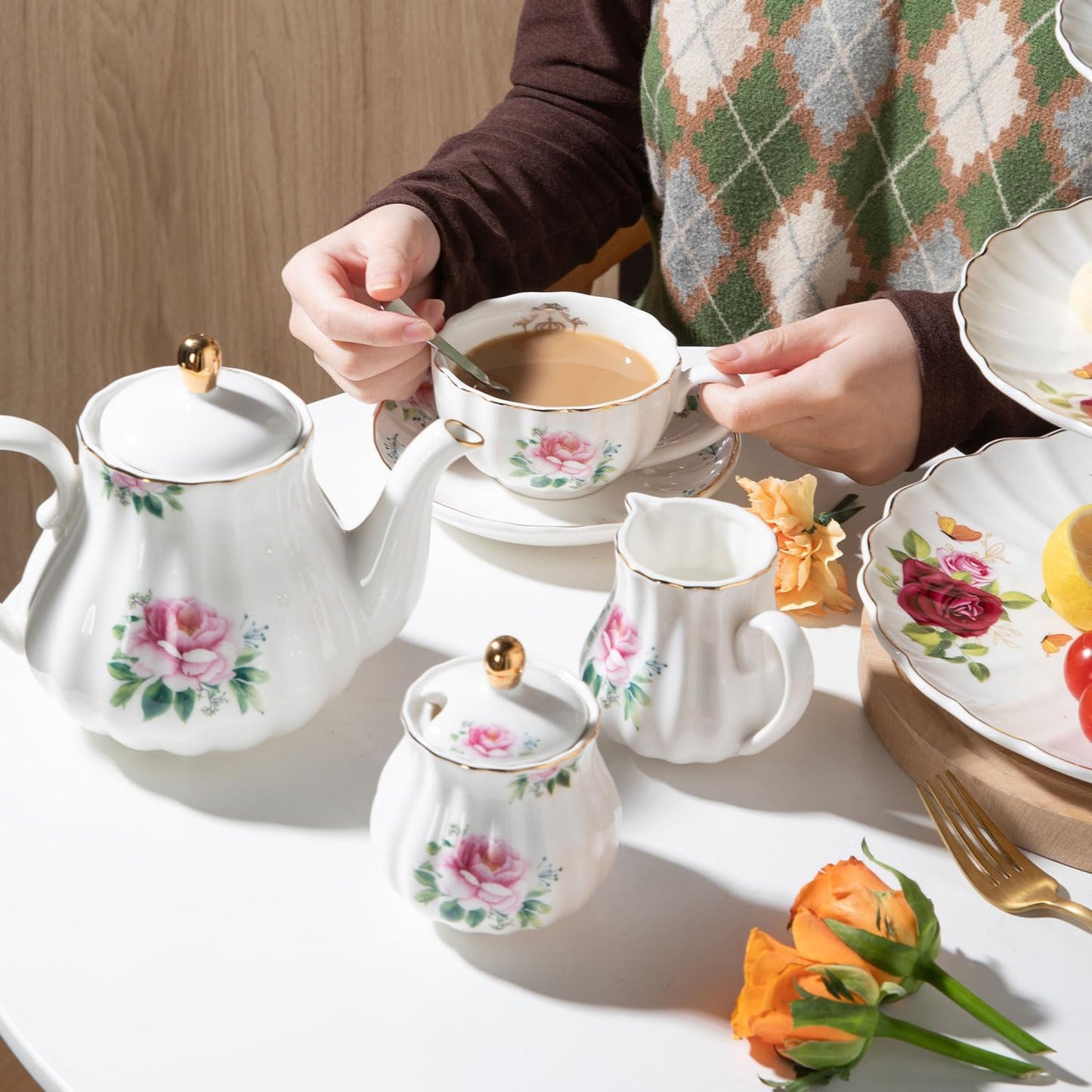 Porcelain Tea Sets British Royal Series, 8 OZ Cups & Saucer Service for 6, with Teapot Sugar Bowl Cream Pitcher Teaspoons and Tea Strainer, Suitable for High Tea, Wedding, Party(Blush Pink)