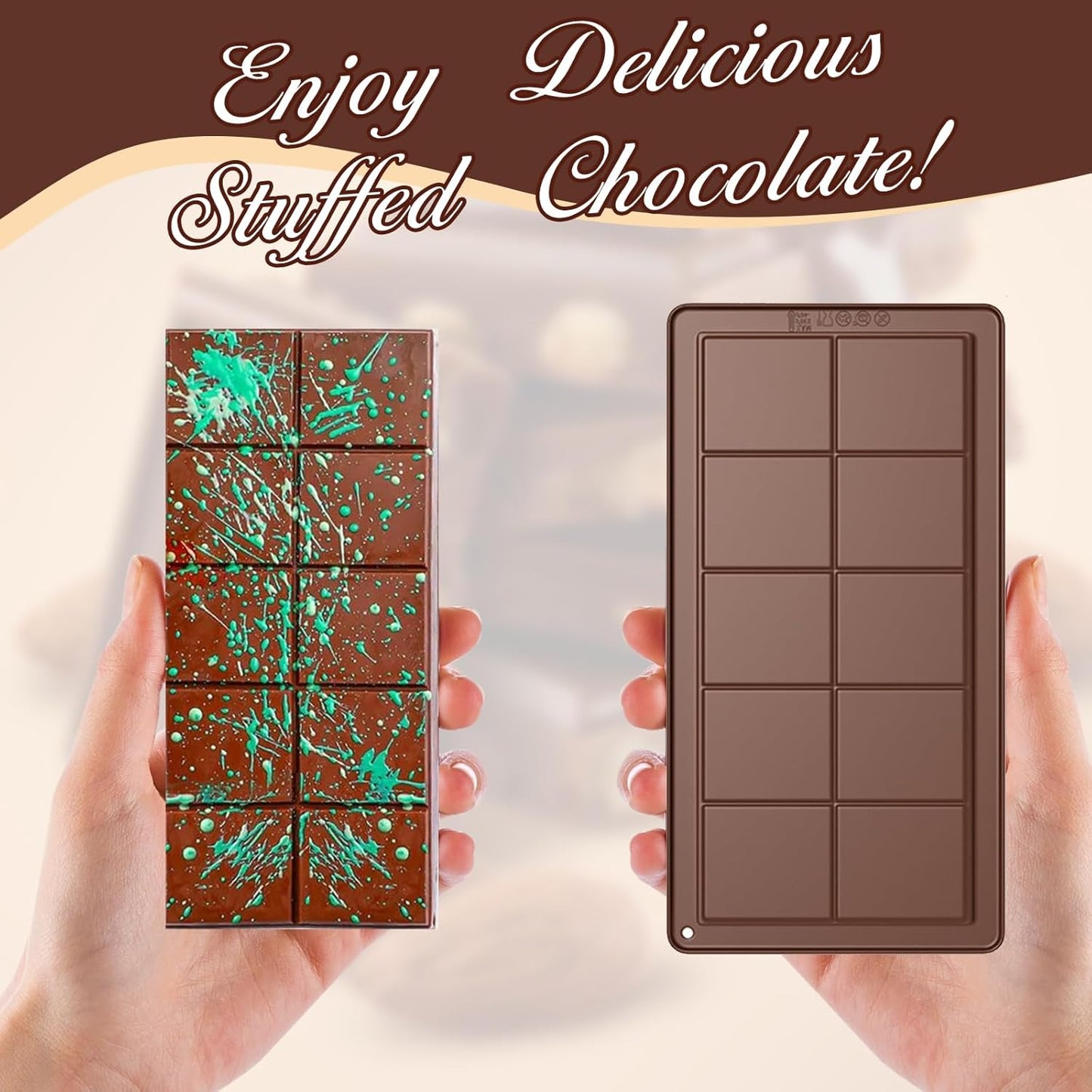 Chocolate Bar Mold 2 Pack, Non-Stick Deep Dubai Chocolate Bar Molds, Silicone, Rectangular Prism, Chocolate Color
