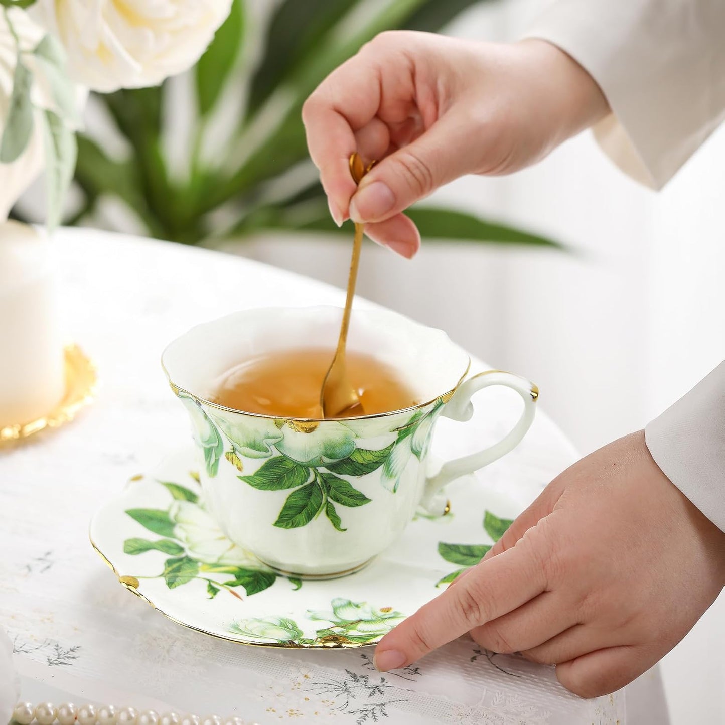 TATSUMI Country Roses Bone China Tea Cup and Saucer Set, 3 Pieces, Vintage Style, For Women and Tea Parties(Green,1 Set)