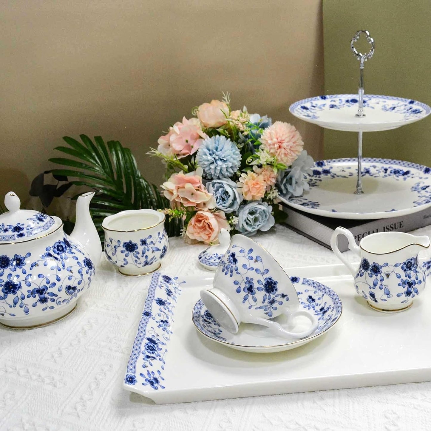 Bone China Tea Set with 2-Tier Afternoon Tea Stand and Serving Trays