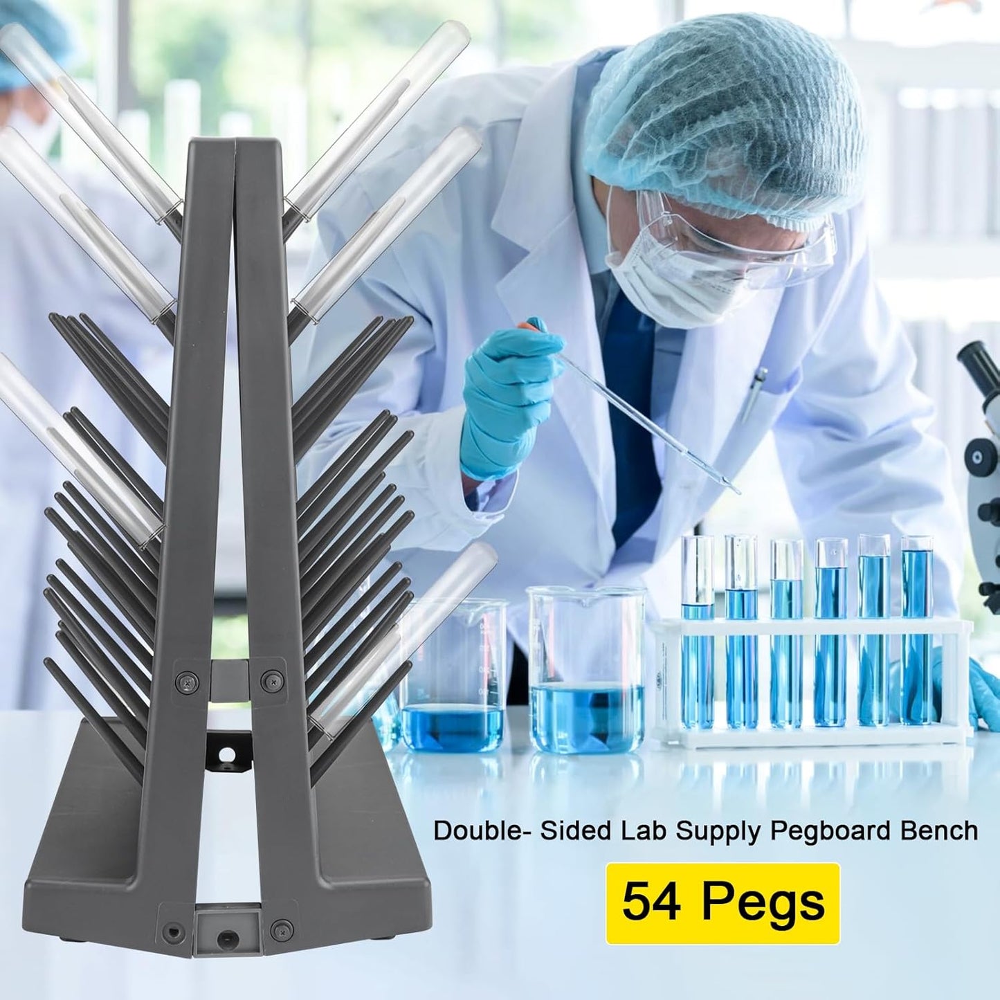 54 Pegs Lab Drying Racks - Double- Sided Lab Supply Pegboard Bench,Detachable PP Test Tube Drying Rack