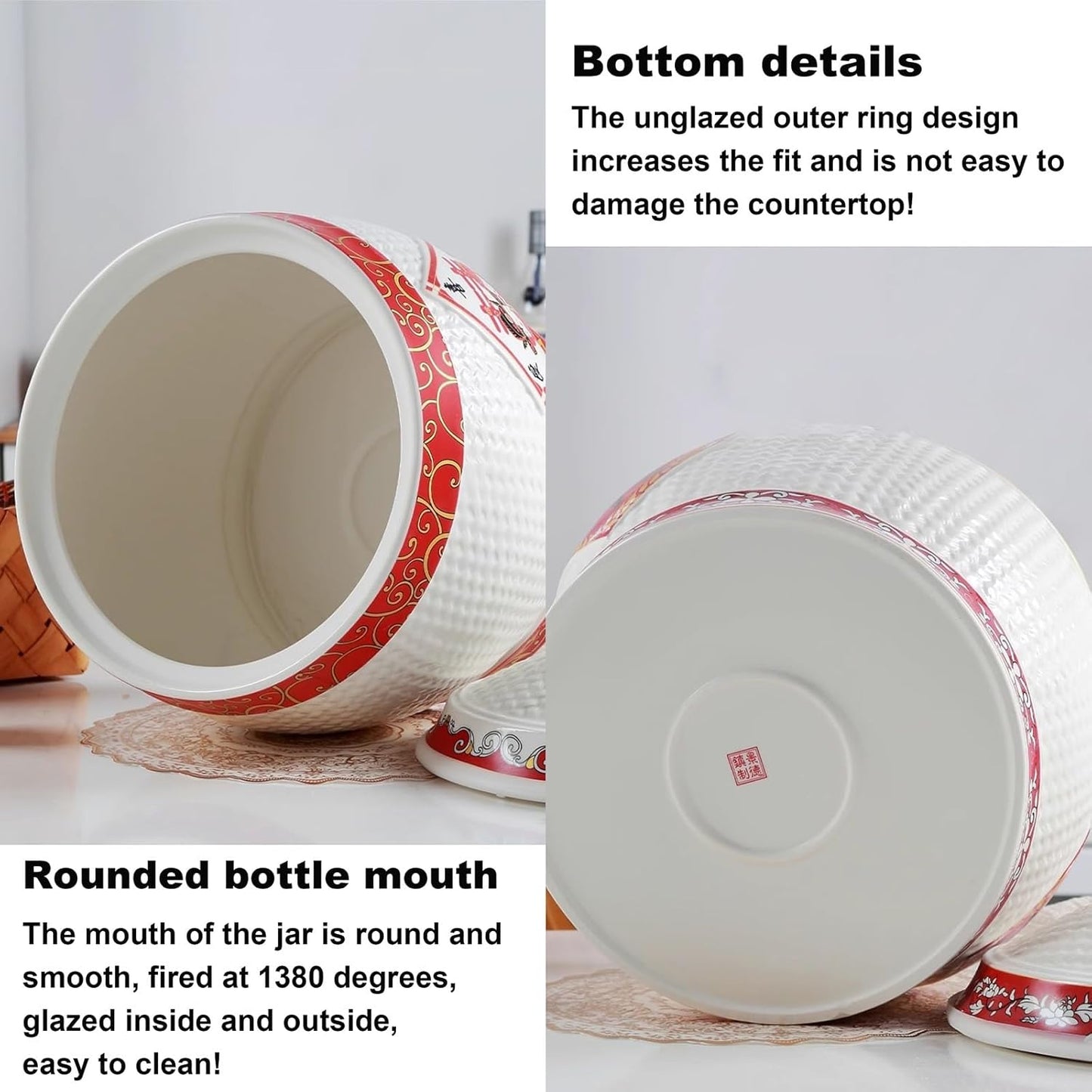 Traditional Chinese Style Large-Capacity Rice Pot, Ceramic Rice Bucket With Tassel Design, Airtight Storage Container For Rice, Grain, Snacks, Dry Foods