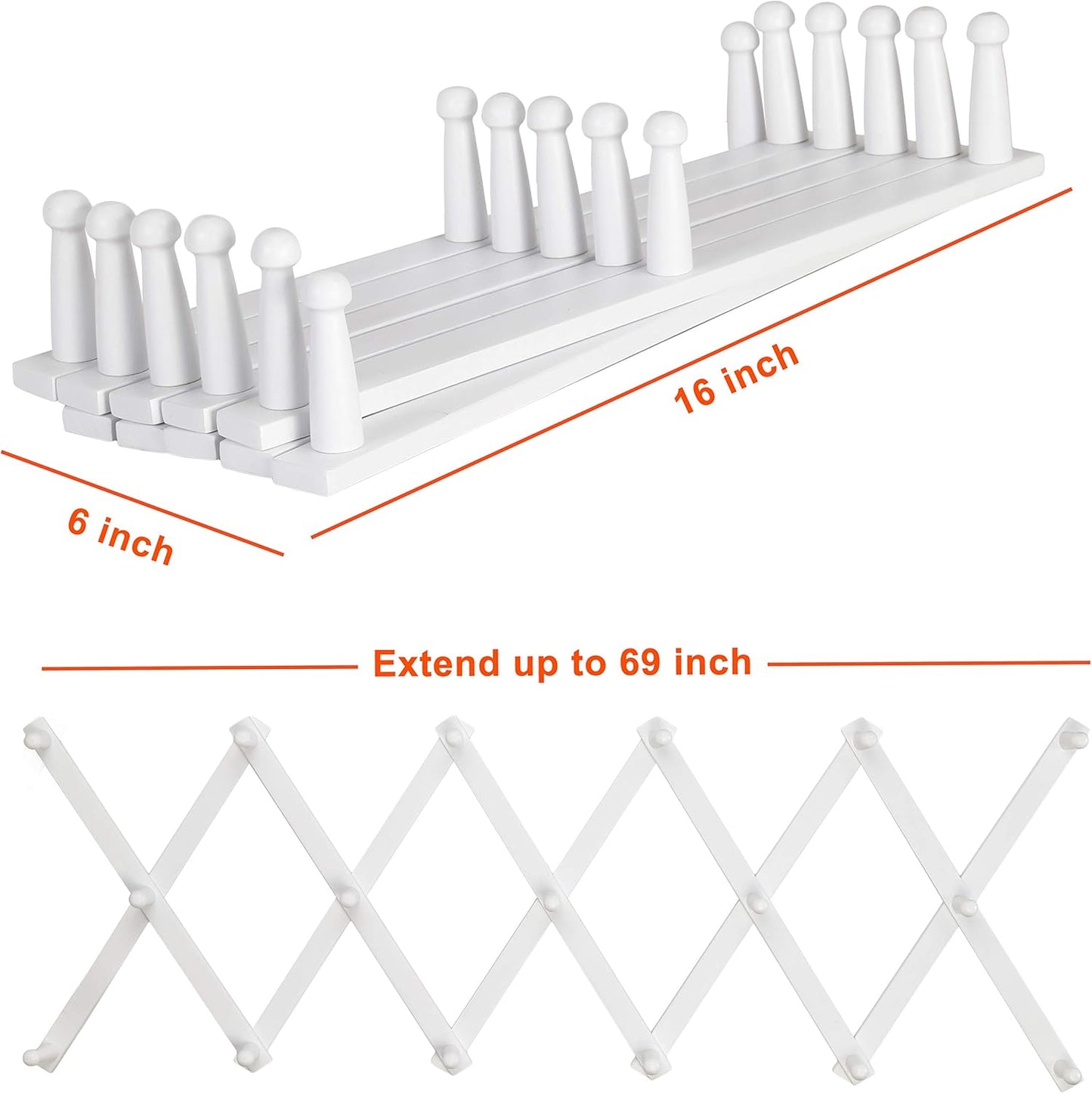 Dseap Accordian Wall Hanger: 16” High Wooden Wall Expandable Coat Rack, Hat Rack Holder, Accordion Hook for Baseball Caps, Coats, Mugs, 17 Peg Hooks, White