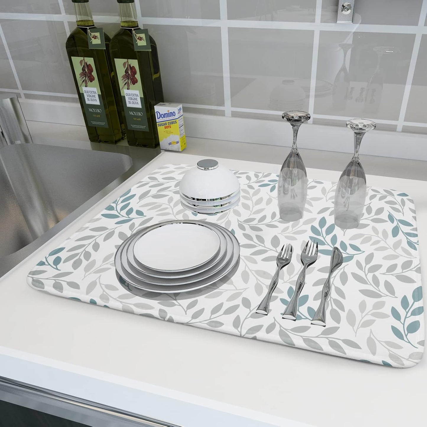 Dish Drying Mats for Kitchen Counter 16x18inch,Grey and Blue Leaves branches Dish Drying Mat for Kitchen Dishes Pad Dish Drainer Rack Mats Absorbent Fast Dry Kitchen Accessories