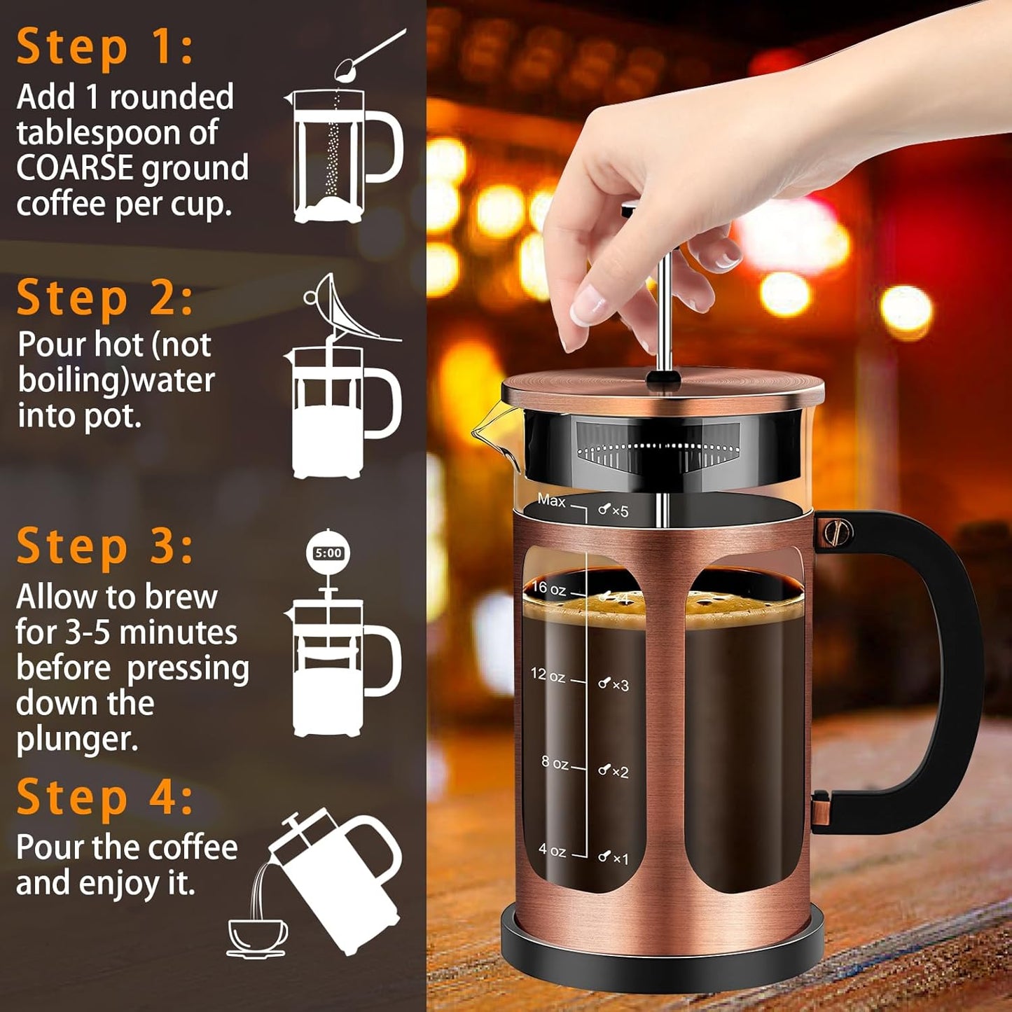 French Press Coffee Maker (21oz 600ML 3-4Cup) Coffee Press, with 4 Filters System, Heat Resistant Thickness Borosilicate Glass, Cold Brew Coffee Tea Pot Gifts (Copper)