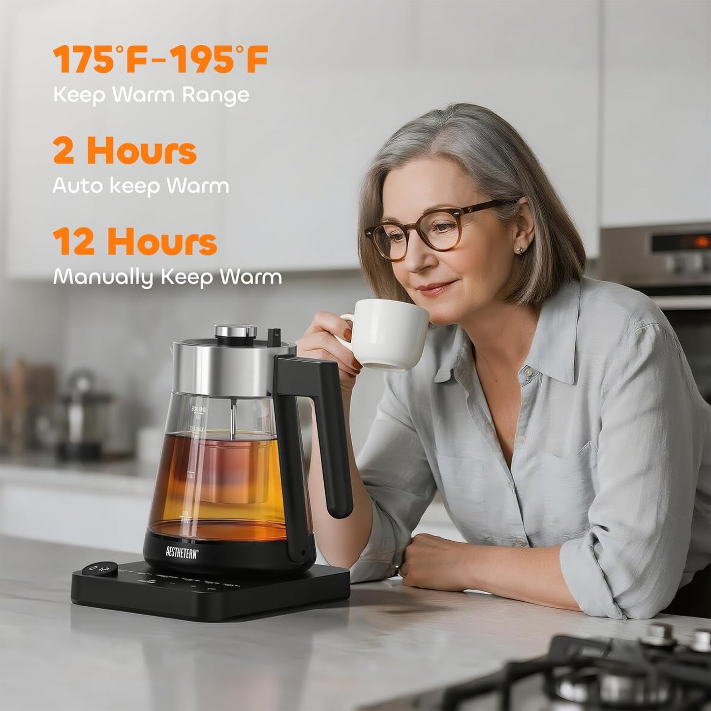 Electric Tea Kettle with Infuser 1.7L Glass Electric Kettle with Temperature Control Automatic Shut Off 12H Keep Warm for Tea Coffee Water Heater, Black