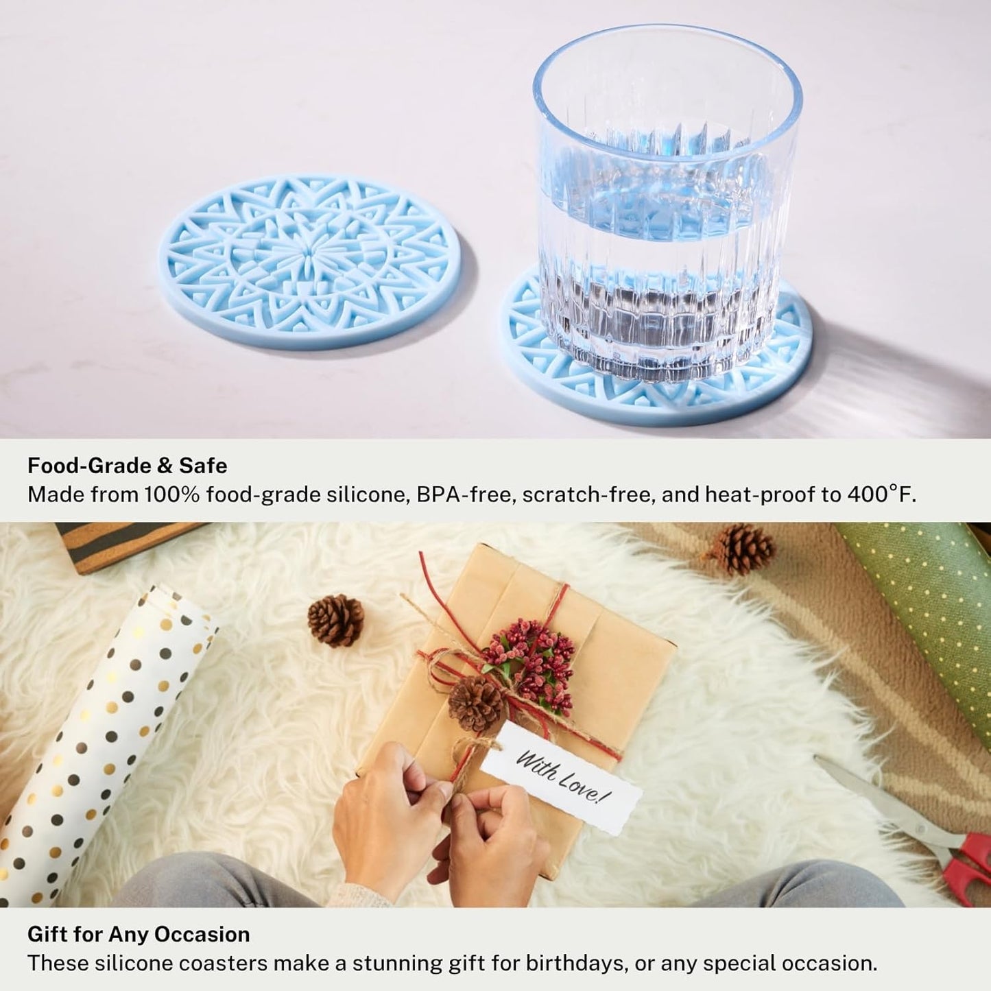 Set of 6 Baby Blue Silicone Coasters with Holder, Drink Coasters with Tribal Pattern Shape- for Table Protection, Anti Slip, Nonstick, Heat Resistant, Deep Tray