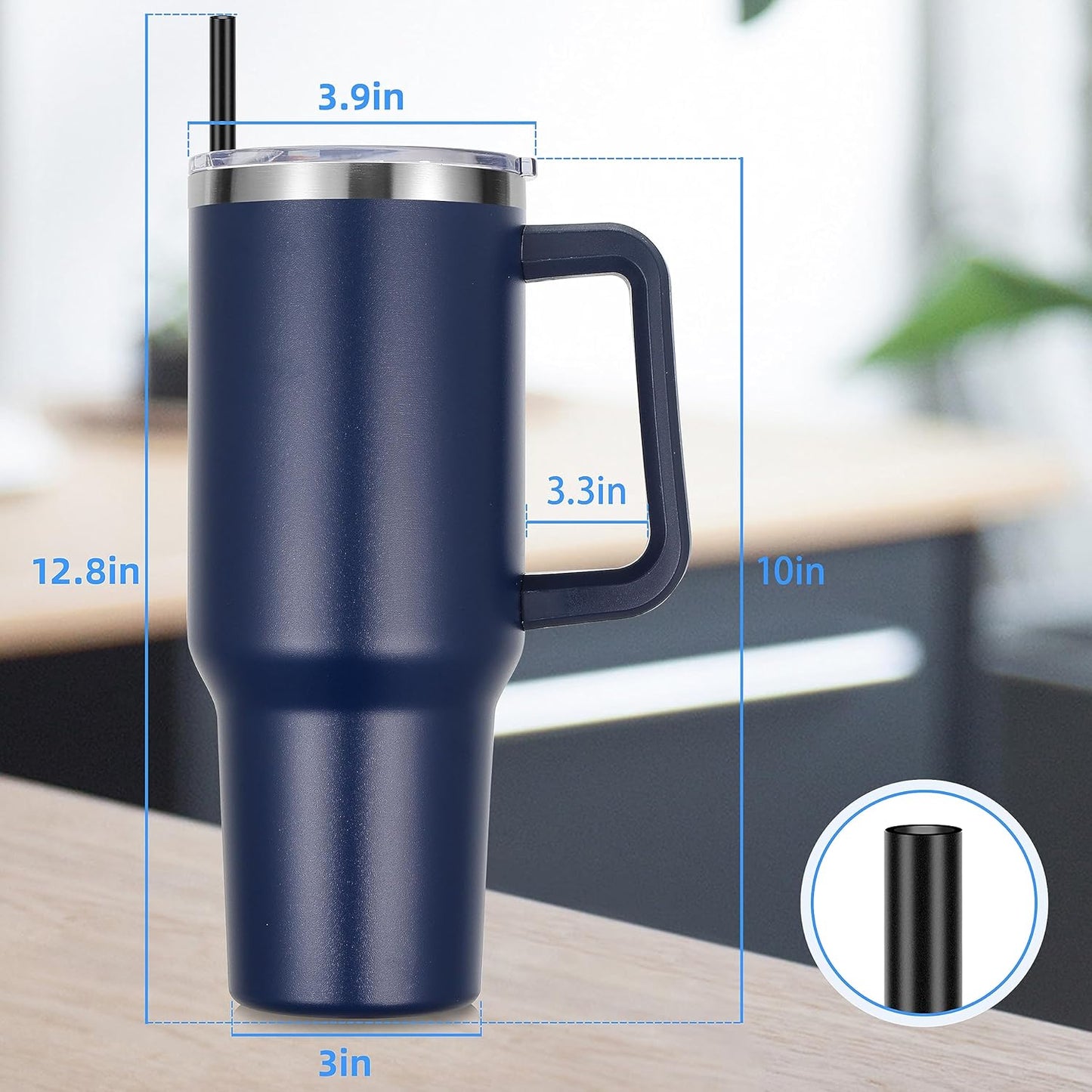 DOMICARE 40 oz Tumbler with Handle and Straw, Stainless Steel Tumbler with Lid and Straw, Reusable Vacuum Insulated Cup, Travel Coffee Mug, Navy Blue, 1Pack