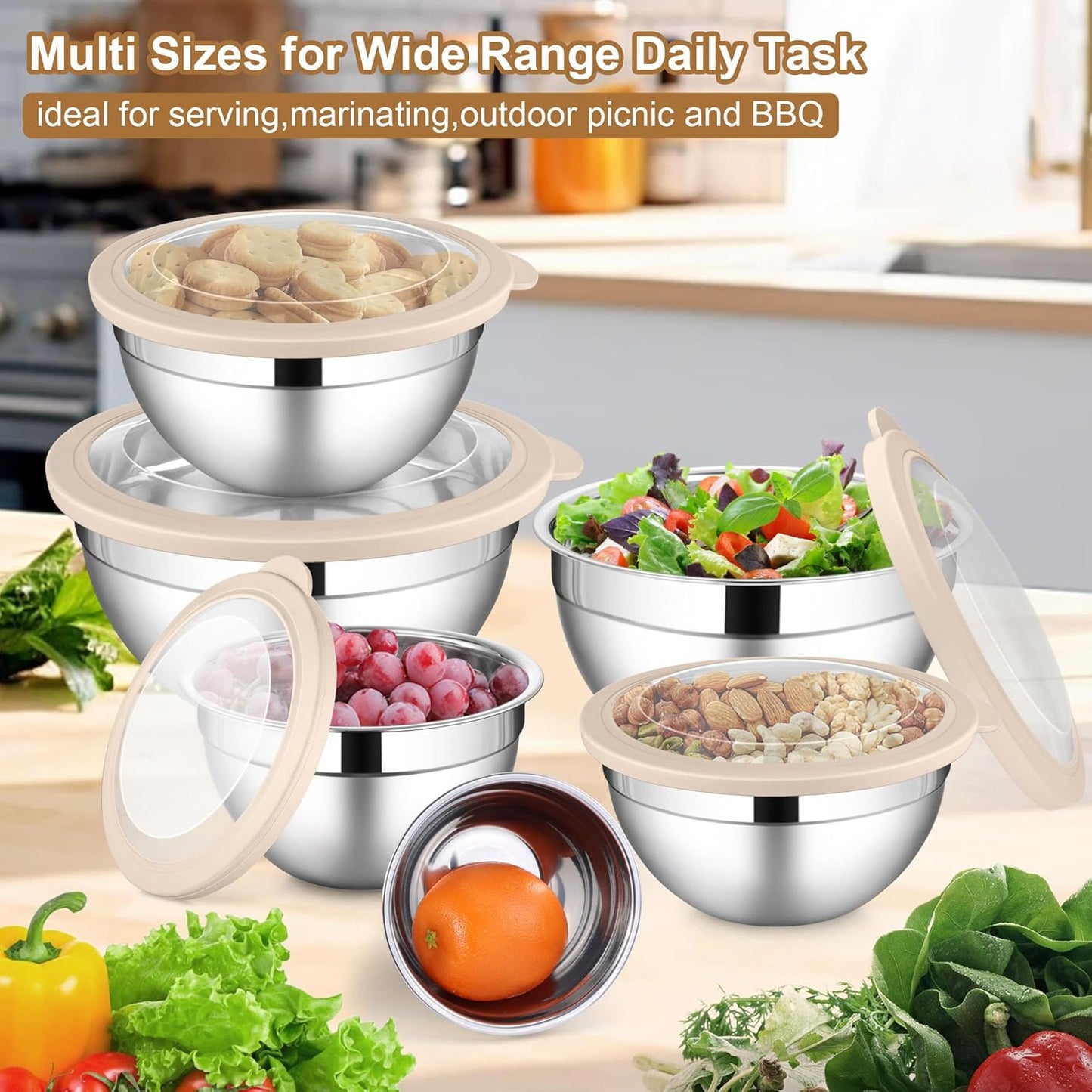 LIANYU Mixing Bowls with Visible Airtight Lids Set, 6Pcs Stainless Steel Kitchen Metal Nesting Bowls, Large Size 7, 3.5, 2.5, 2, 1.5, 1QT for Cooking, Baking, Serving, Dishwasher & Freezer Safe, Khaki
