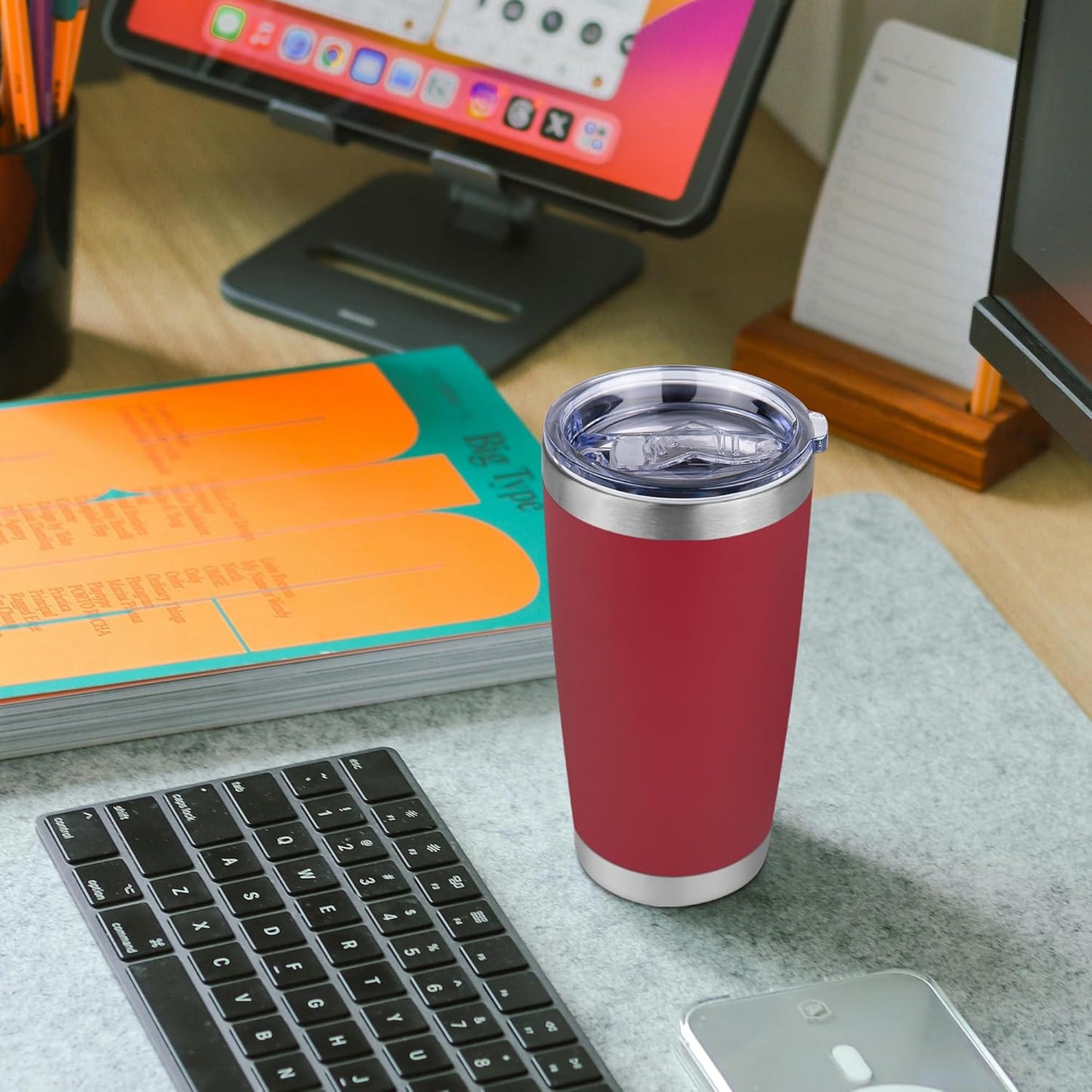 20 oz Tumbler Stainless Steel Tumblers Bulk with Lid Double Wall Insulated Coffee Tumbler Cups for Hot & Cold Drinks Powder Coated Travel Coffee Tumbler Mug Metal (Red, 1 pack)