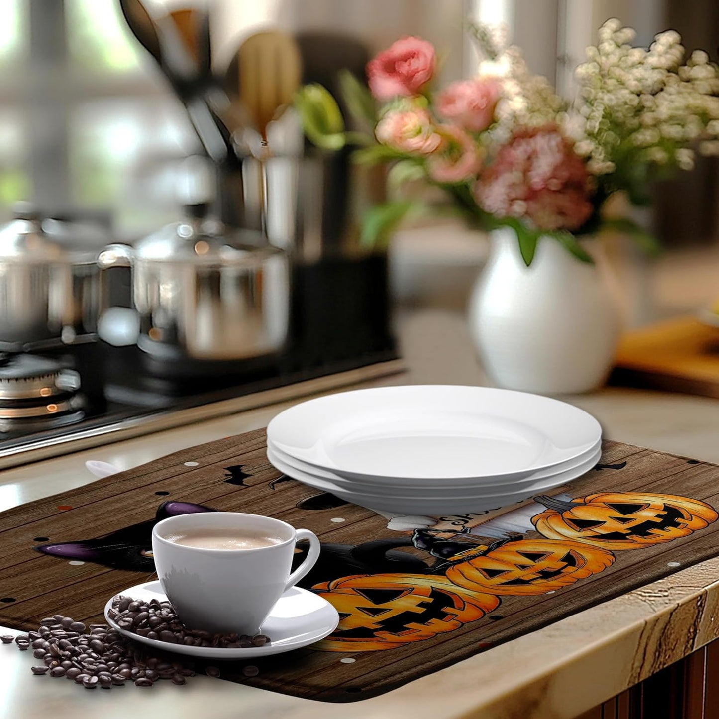 Halloween Spooky Pumpkin Dish Drying Mats Ghost Dish Mat Kitchen Cat Large Drying Matt Dishes Dryer Pad for Kitchen Counter Absorbent Microfiber Washable Foldable Reusable 18x24 in