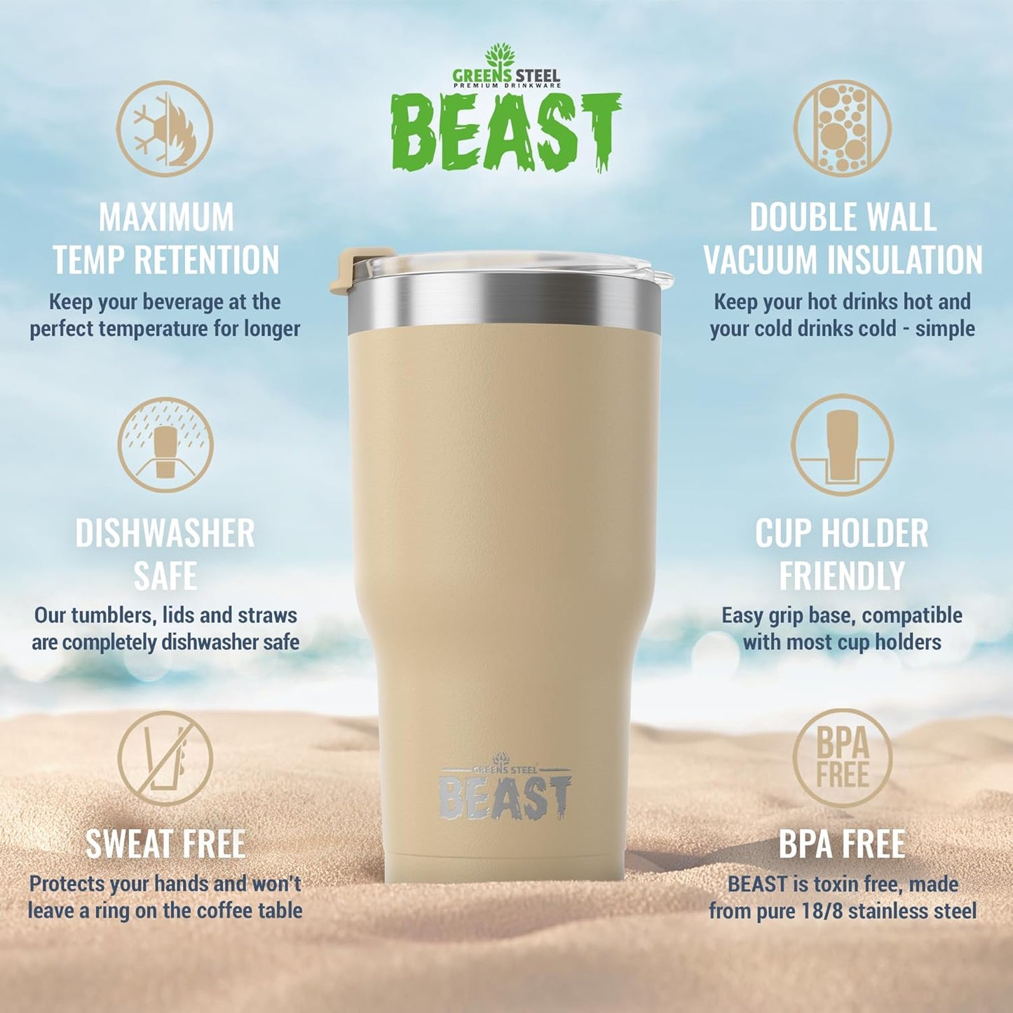 Beast 30 oz Tumbler Stainless Steel Vacuum Insulated Coffee Ice Cup Double Wall Travel Flask (Sand)
