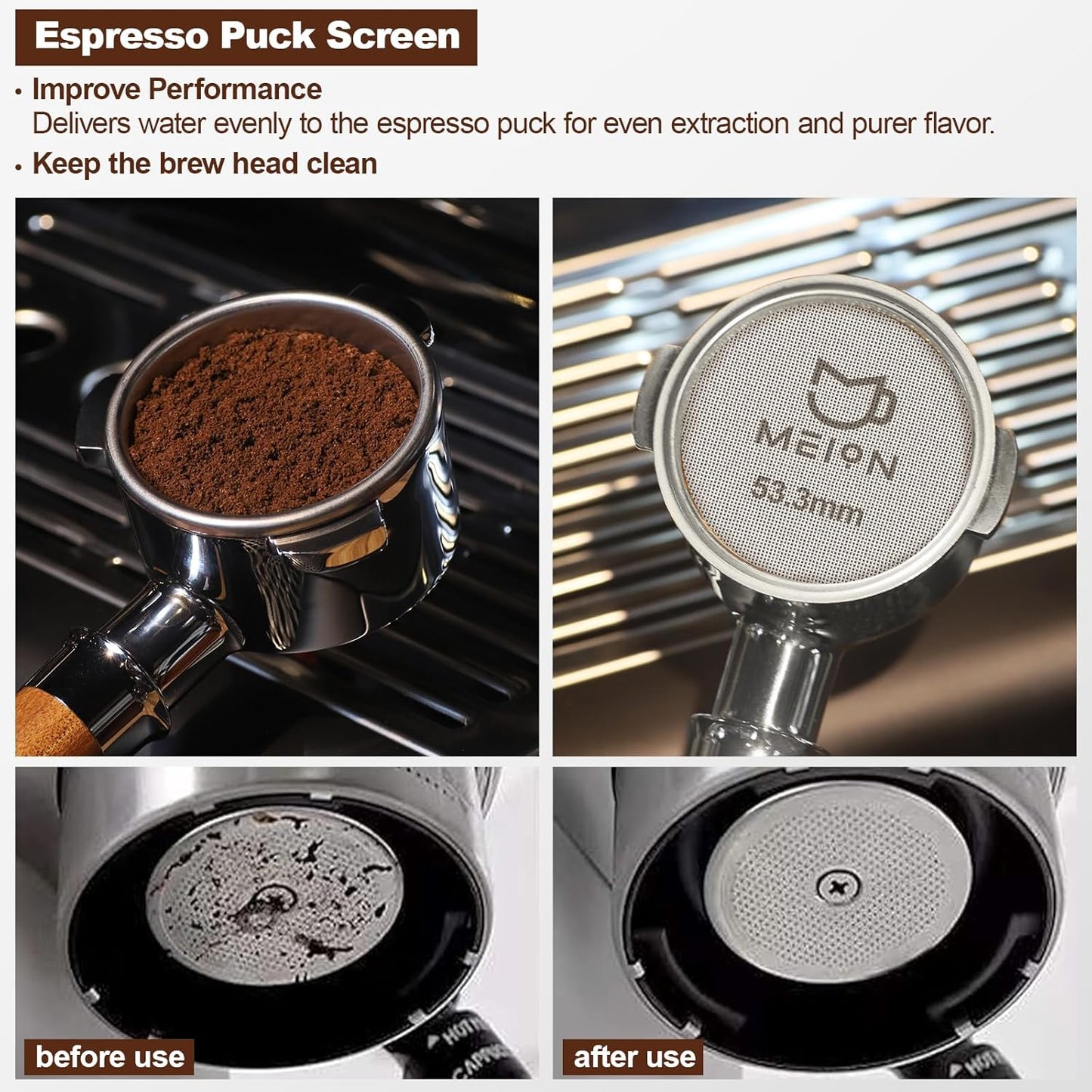 MEION 54mm Espresso Dosing Funnel and Puck Screen Set for 54mm Breville Portafilters, Magnetic Coffee Funnel, Reusable 53.3mm Espresso Puck Screen, Espresso Tools Espresso Accessories (Silver, 54mm)