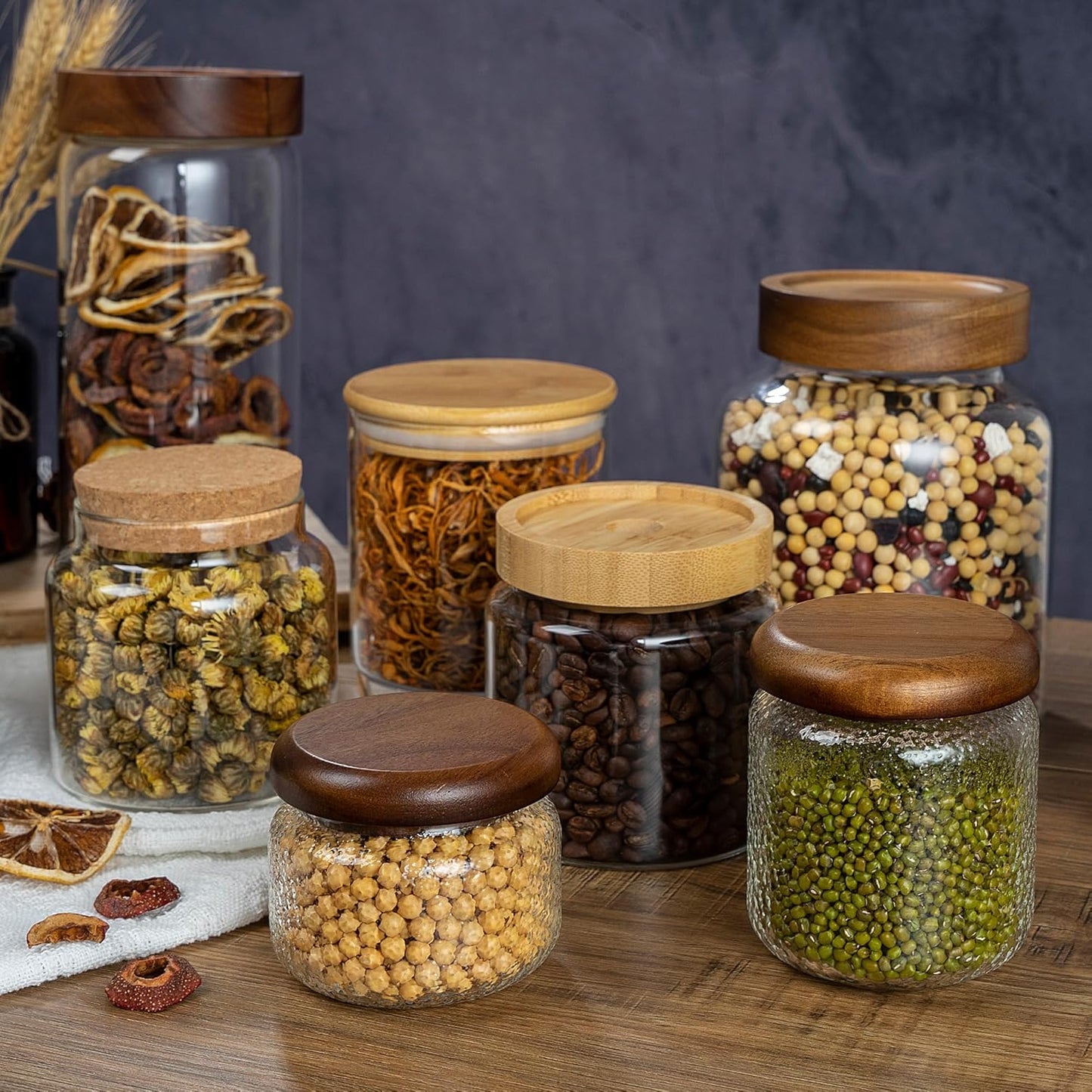 1PC Glass Storage Jars with Airtight Lids, 28 fl oz (850ml) coffee container with Wooden Lid, Glass Pantry Canister for Beans, Rice, Sugar and etc