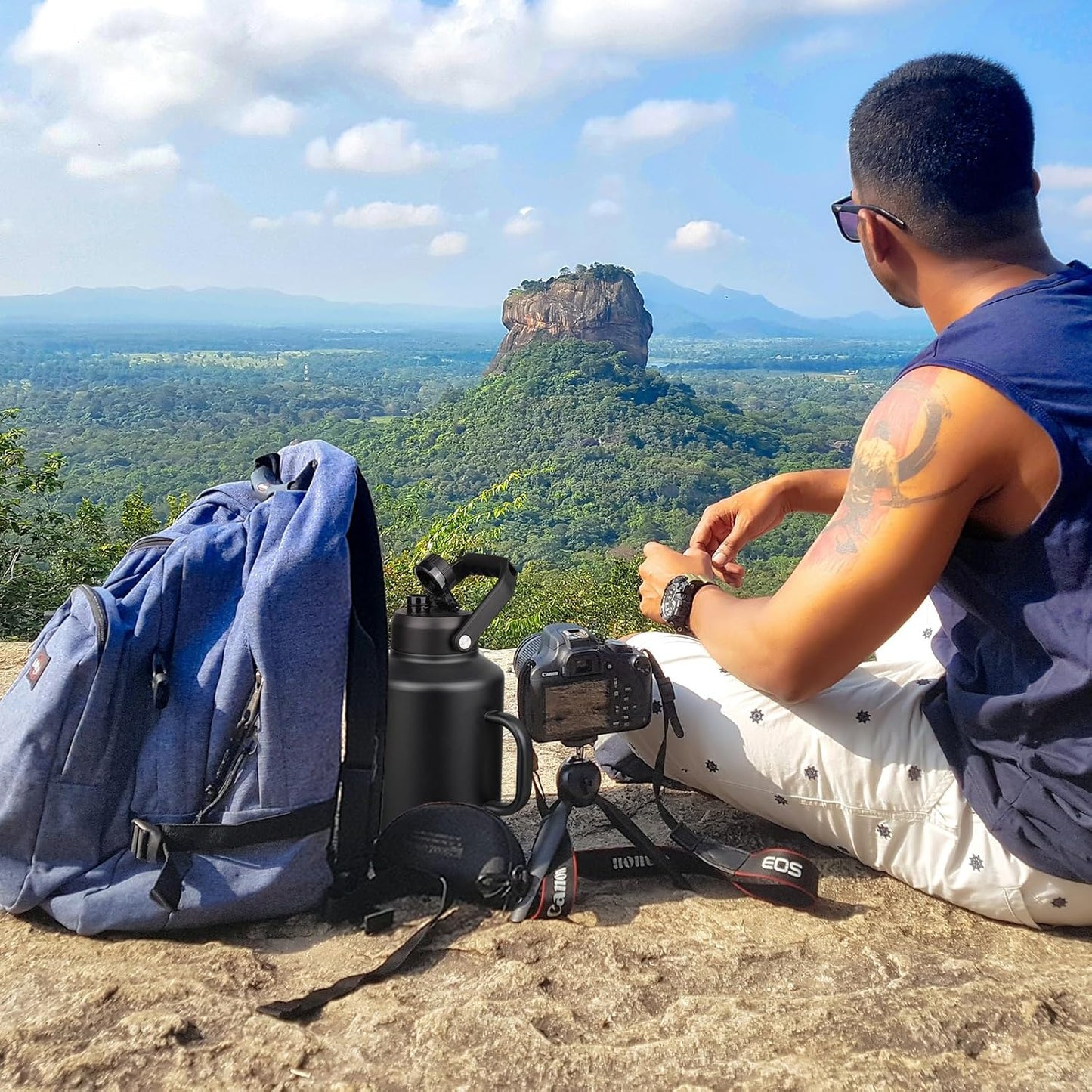 BJPKPK 1 Gallon Water Bottle with Handle, Large Dishwasher Safe 128oz Insulated Water Bottle, BPA Free Water Jug, Wide Mouth Metal Water Bottle with Anti-slip Bottom, Keep Cold & Hot,Black