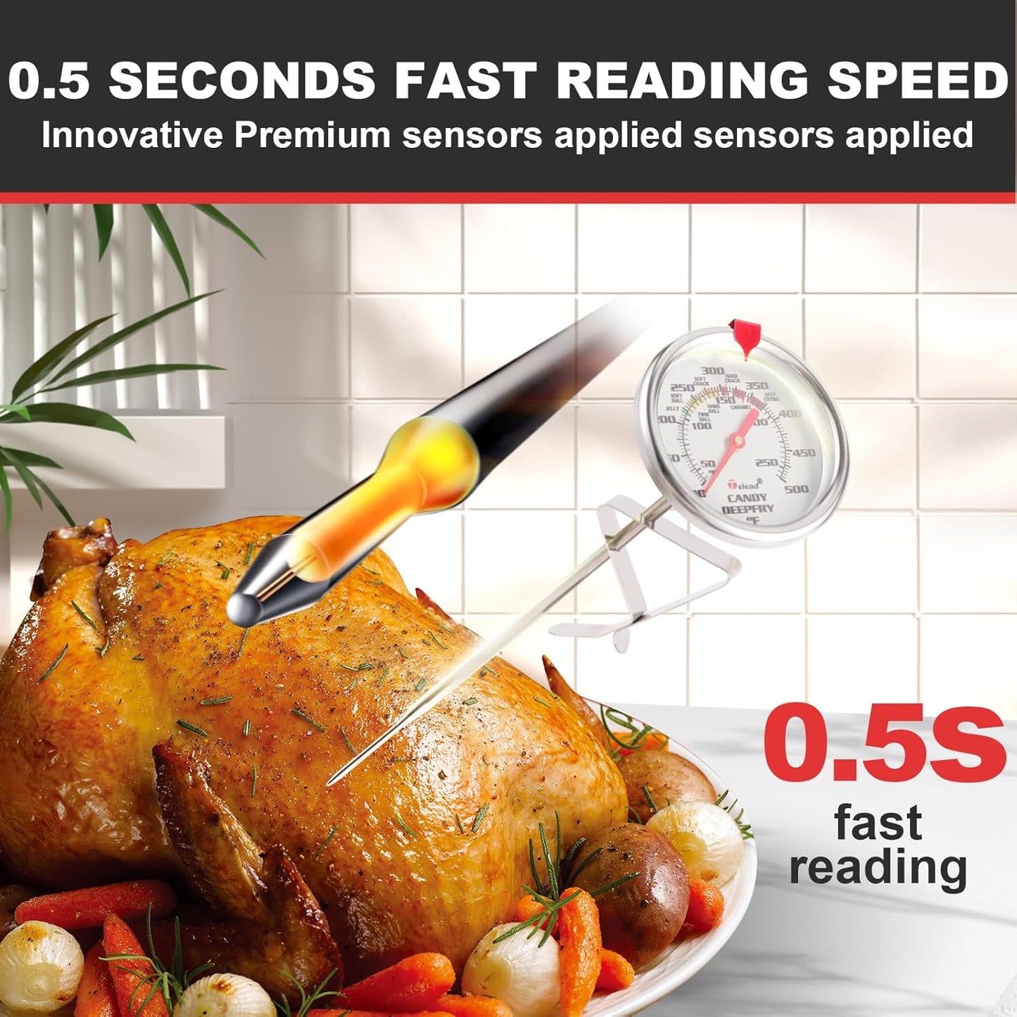 Upgraded Candy Thermometer Waterproof - Oil Thermometer for Frying with Clips - 5" Side of Pot Rainbow dial Thermometer Deep Fry for Oil Candy Candle BBQ - Silver XL