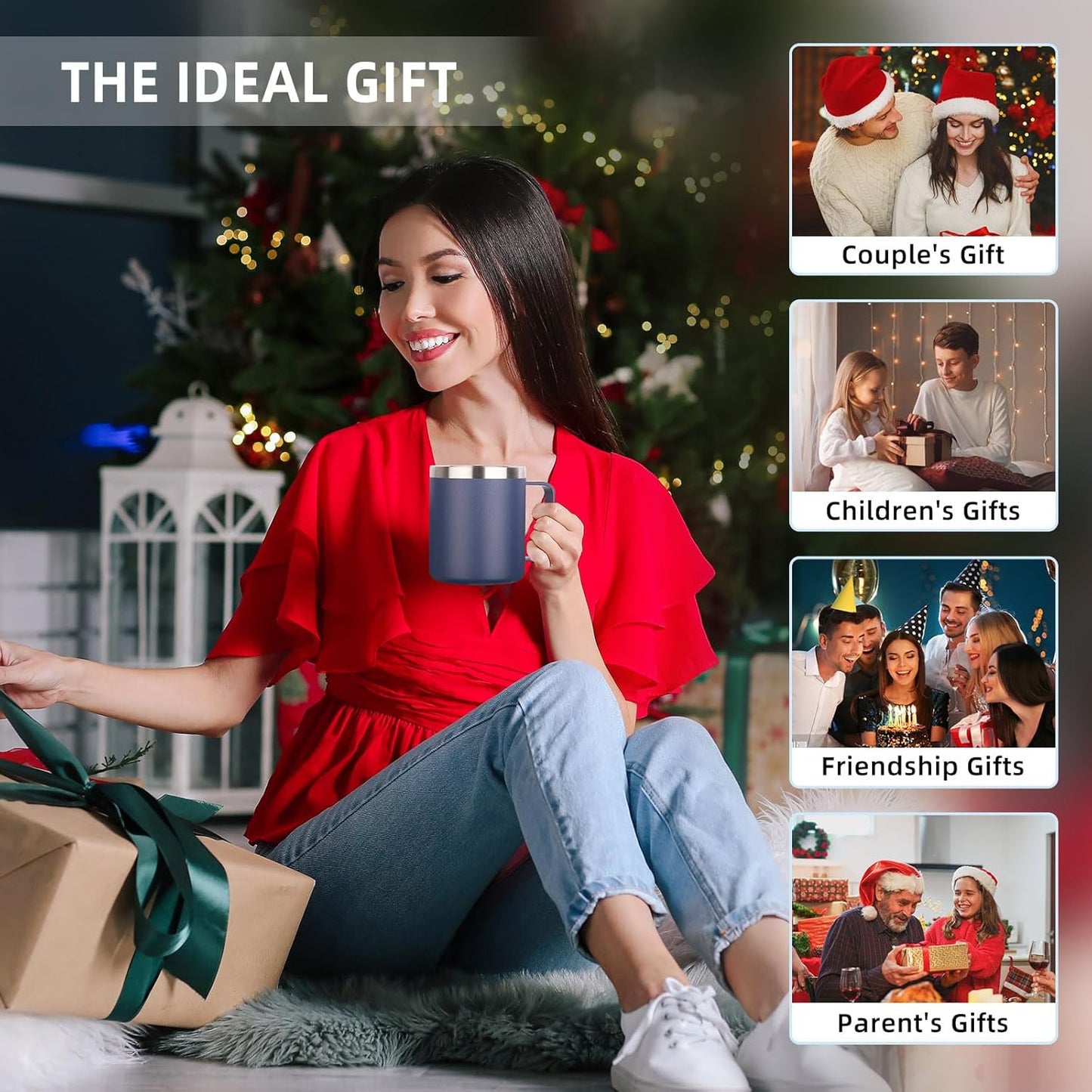 Volhoply 14oz Insulated Stainless Steel Coffee Mug with Lid Bulk 2 Pack,Double Wall Vacuum Travel Coffee Cup with Handle,Reusable Metal Cups Tumbler,Camping Mugs Keep Hot,Ideal Gifts(Navy,2)