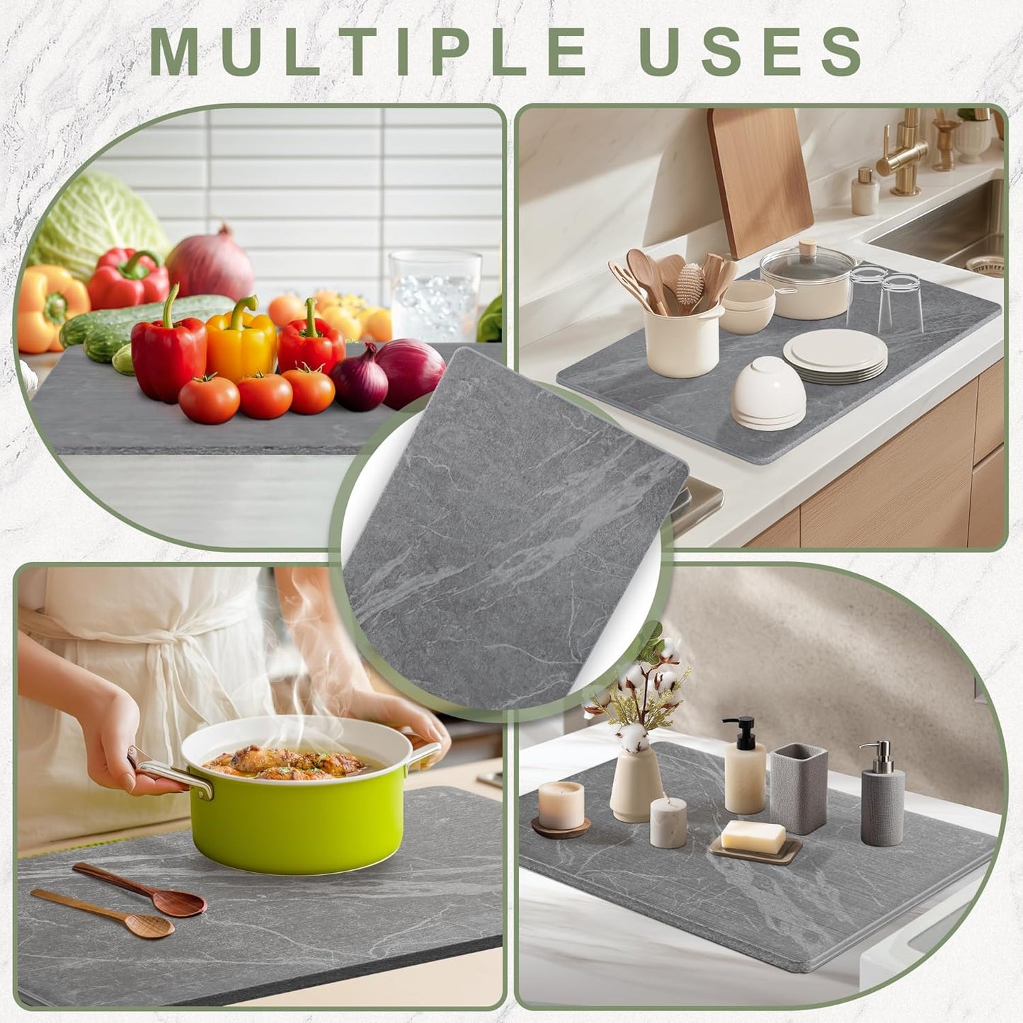 Large Stone Drying Mat for Kitchen Counter, 24" × 16" Diatomite Dish Drying Mat, Quick Dry Stone Mats, Ultra Absorbent Natural Diatomaceous Earth Mats for Dished, Bottles, Black Marble