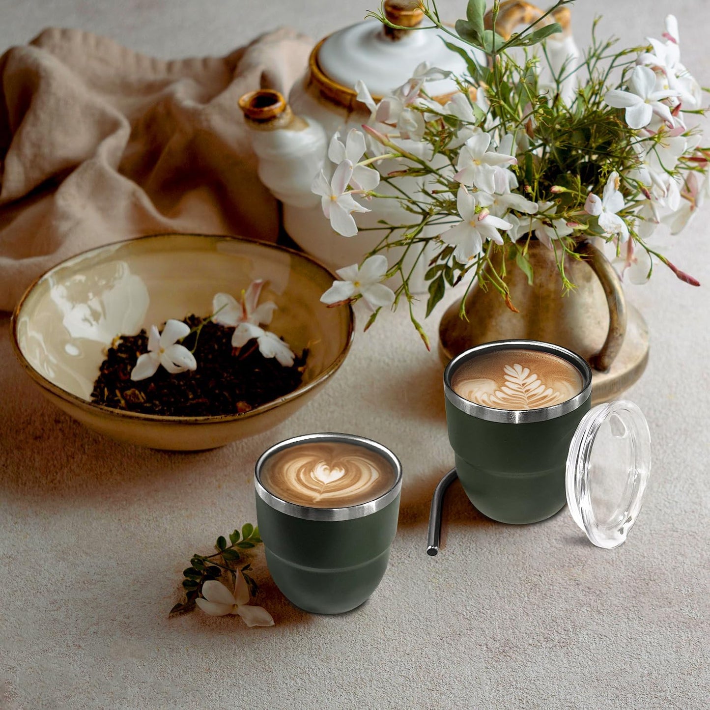 4oz Stackable Cup, Vacuum Insulated Espresso Cup Set of 2, Espresso Shot Glass for Coffee, Double Wall Stainless Steel Mini Tumbler Shot Glasses with Straw and Lid (A-green2P, 4oz)