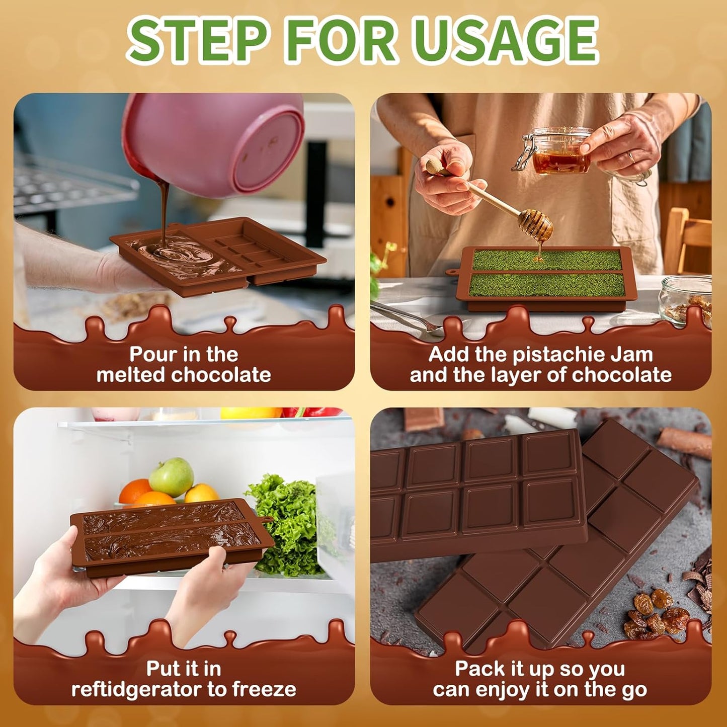 Chocolate Bar Mold,2 Pack 2 in 1 Dubai Chocolate Molds and Scraper for Stuffed Bar,Deep Large and Thick Chocolate Candy Bar Mold for Filling Knafeh Pistachio Kit