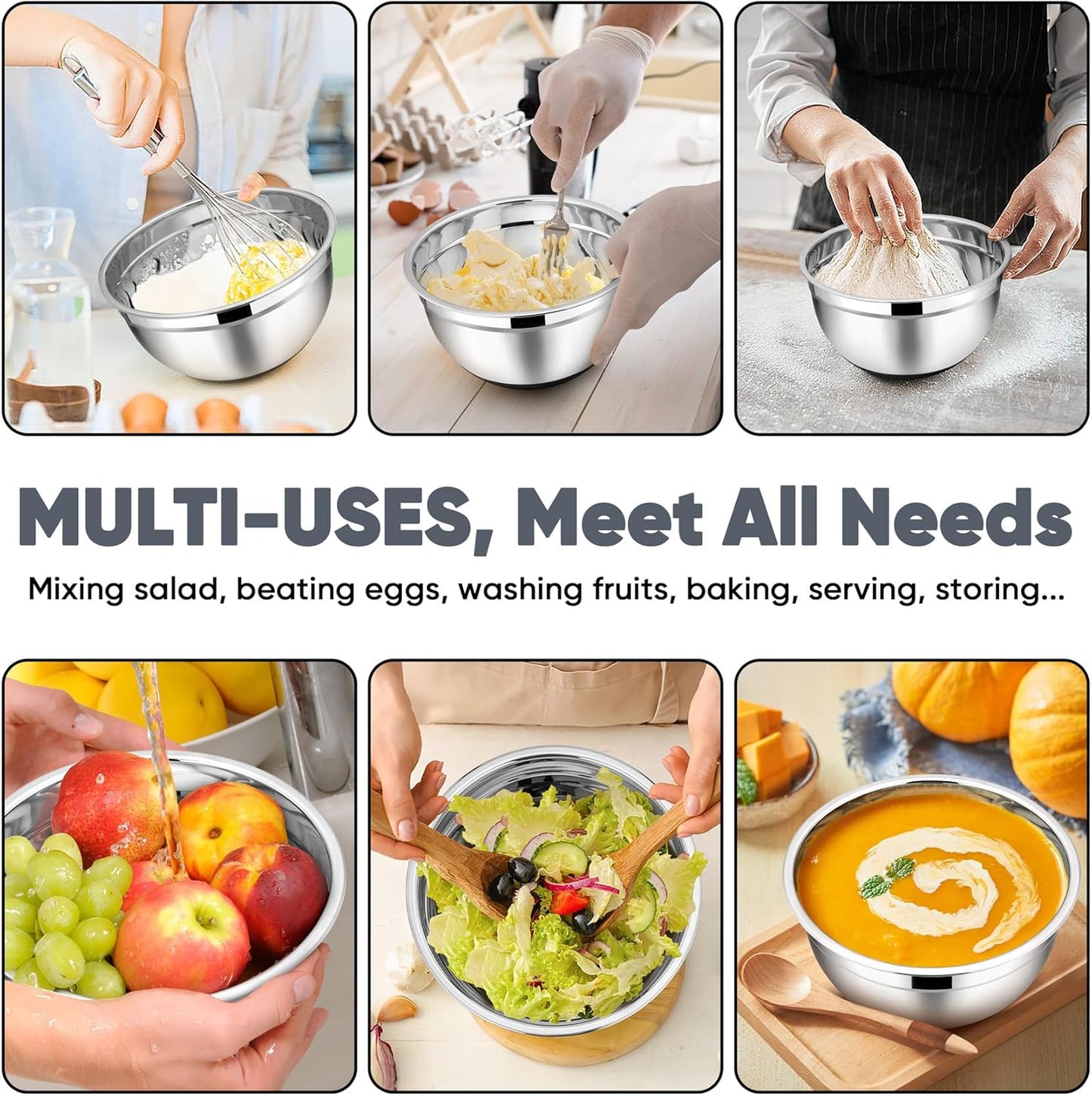 TeamFar Mixing Bowls with Lids Set, 7/3.5/2.5/1.5/1 QT, Stainless Steel Large Metal Salad Nesting Bowl, Non-Slip Silicone Bottom & Airtight Lid, Healthy & Deep - Set of 5(Black)