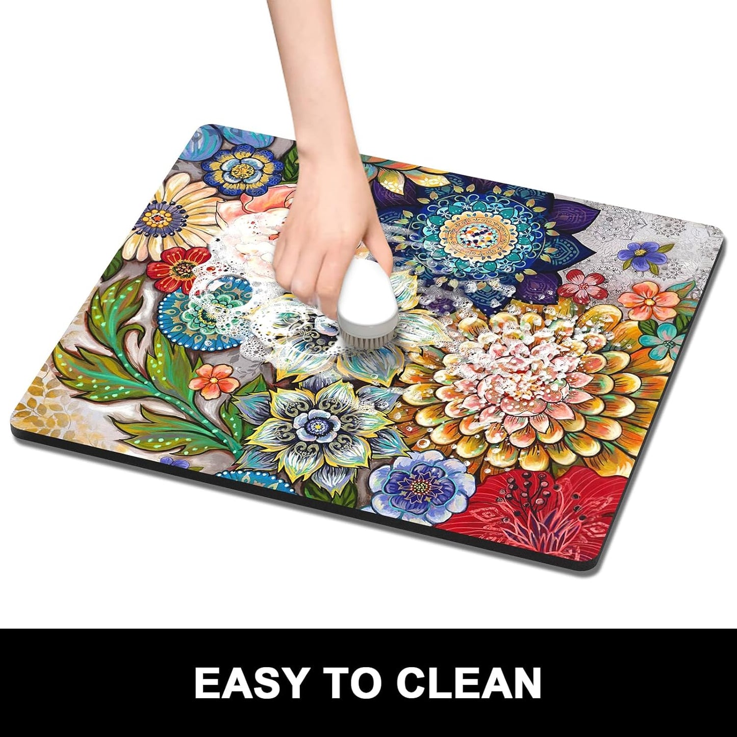 Rnivvi Dish Drying Mat for Kitchen Counter, 16 x 18" Cute Flower Theme Absorbent Heat Resistant Drying Pad with Non-slip Rubber, Coffee Bar Mats for Coffee Machine Dish Rack, Mandala Floral