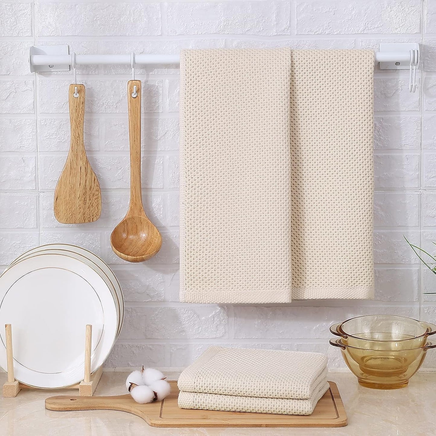 Kitinjoy 100% Cotton Waffle Weave Kitchen Towels, 12-Pack Super Soft and Absorbent Dish Towels for Drying Dishes, Kitchen Hand Towels, 13 in x 28 in, Beige