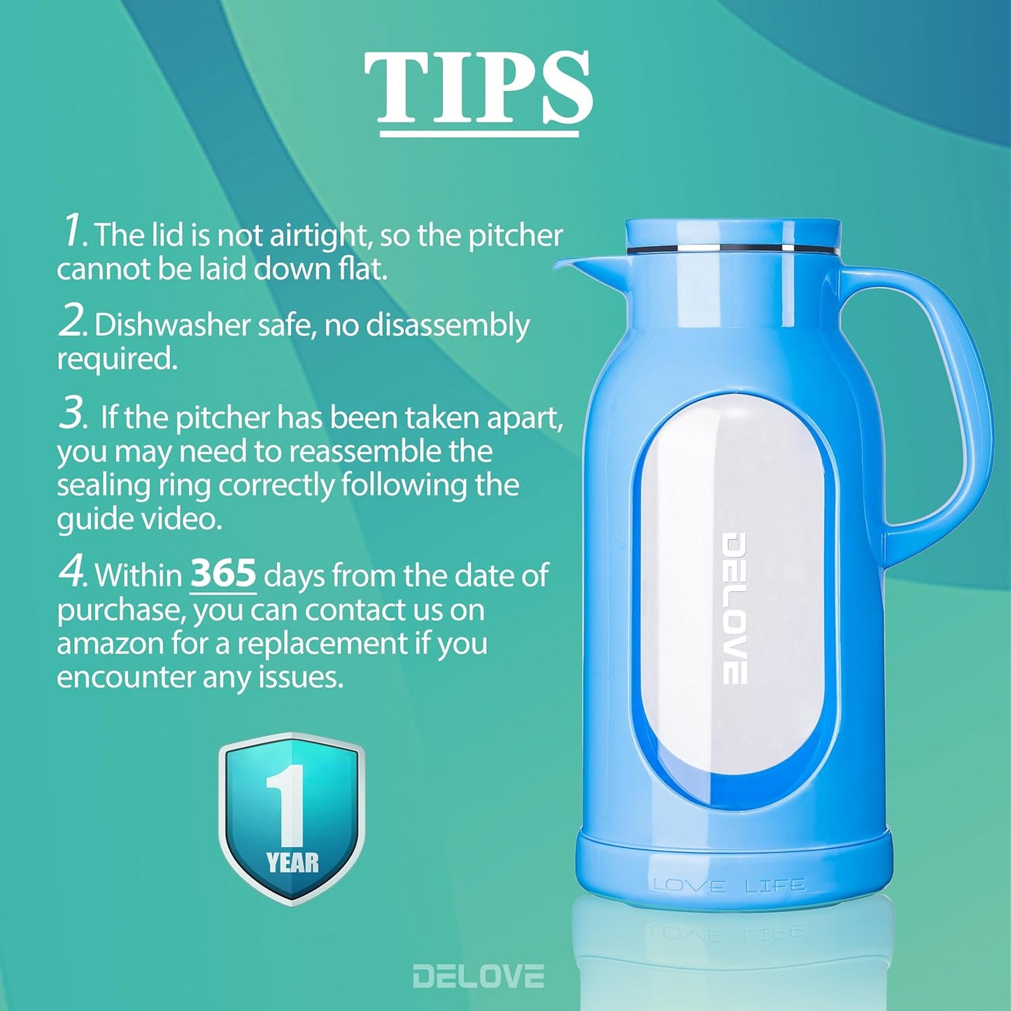 Delove 68 oz/2 Liter Glass Pitcher with Shatterproof Shell - Heat Resistant Glass Liner - Stainless Steel Lid - Carafe & Jug for Iced Tea,Hot/Cold Water,Homemade Juice Beverages (Blue)