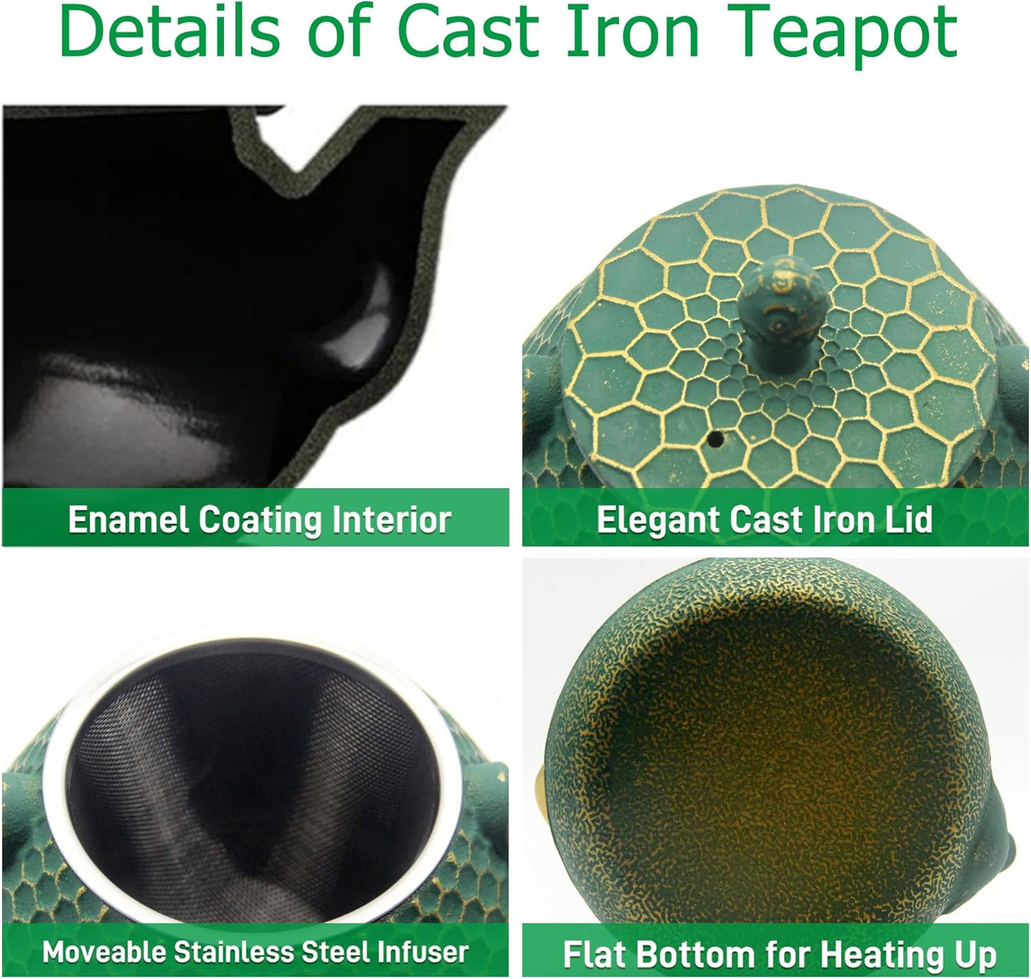 Cast Iron Tea Kettle Set, 33.8oz Hexagon Pattern Teapot Set with Cups, Teapot Coated with Enameled Interior, Durable Cast Iron Teapot Set with Stainless Steel Infuser