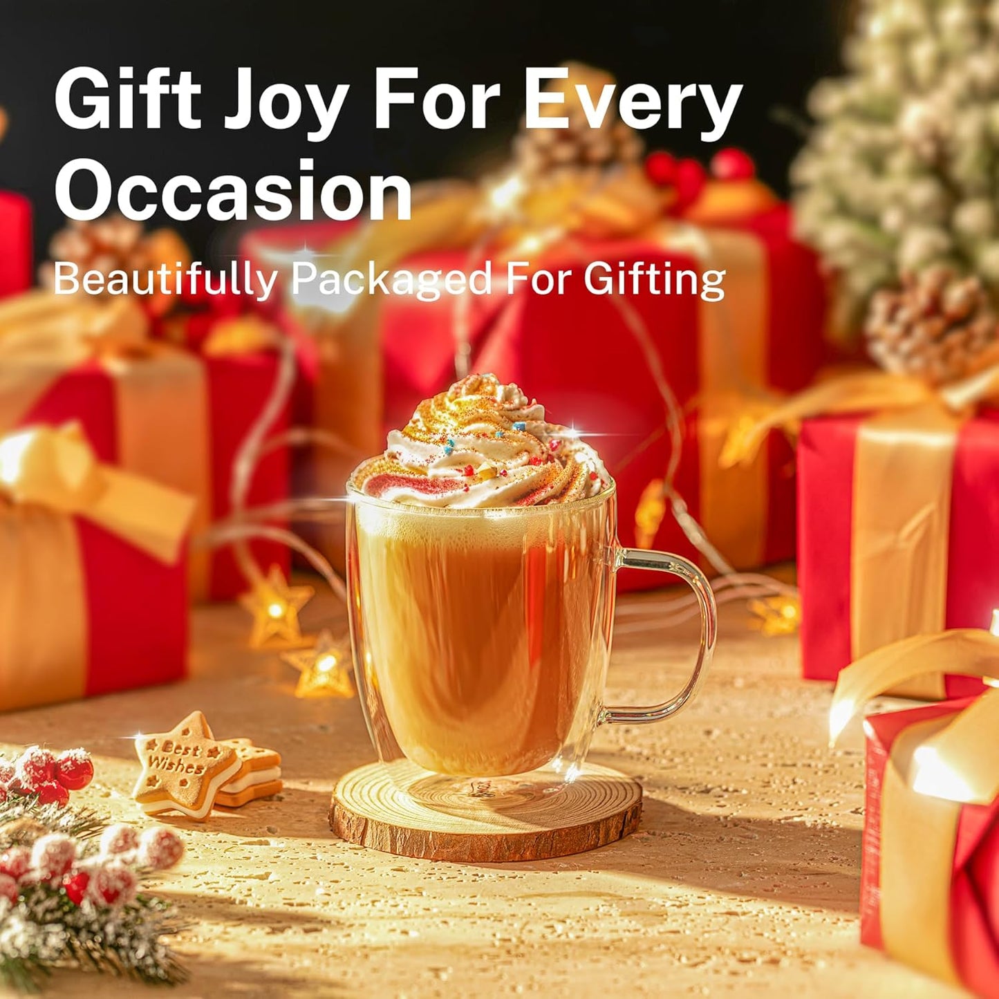 Sweese 12.5oz Borosilicate Glass Coffee Mugs Set of 4 - Double Walled, Clear Cups for Espresso, Latte, Tea