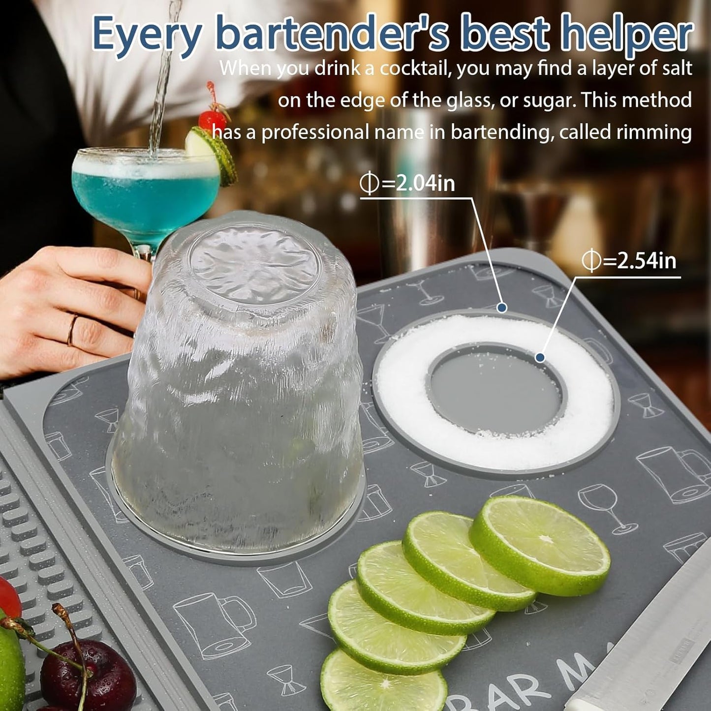 Foldable Bar Mat 18x12 inch - 3-in-1 Silicone Drying Mat with Removable Cutting Board & Rim Tray | Countertop Protector for Home, Outdoor, Travel | Professional Cocktail Accessories (gray)