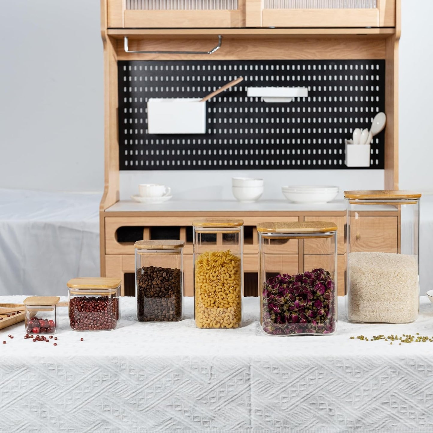 156oz 52oz Airtight Glass Square Storage Canister with Bamboo Lid Set of 2(4600ml*1 1550ml*1) Large Gallon Glass Jars for Sugar, Flour, Cookies and Coffee beans (with Black Lable)