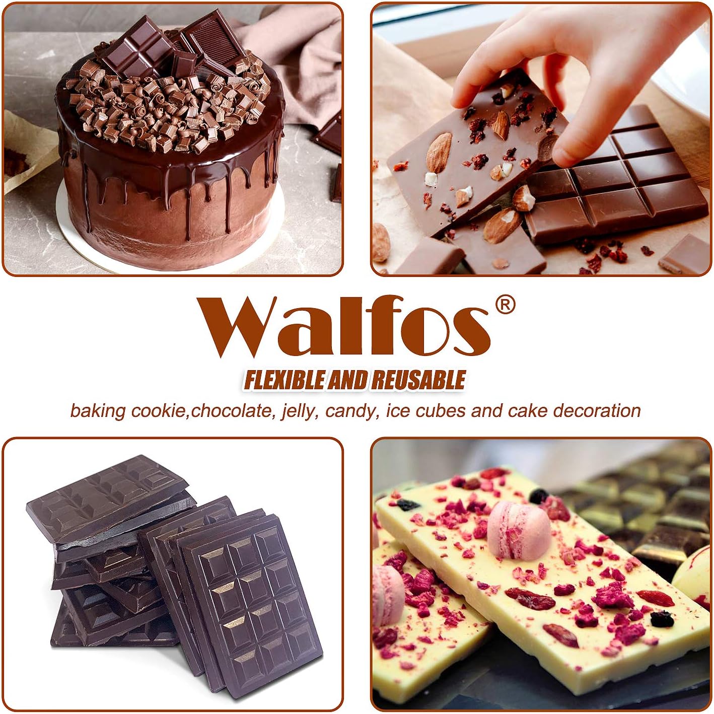 Walfos Break-Apart Chocolate Molds, Non-Stick Silicone Chocolate Bar Mold, Food Grade Candy Bar Mold, Perfect for Energy Bar, Cocoa Mini Bar, Basic Bites, 4 Pack